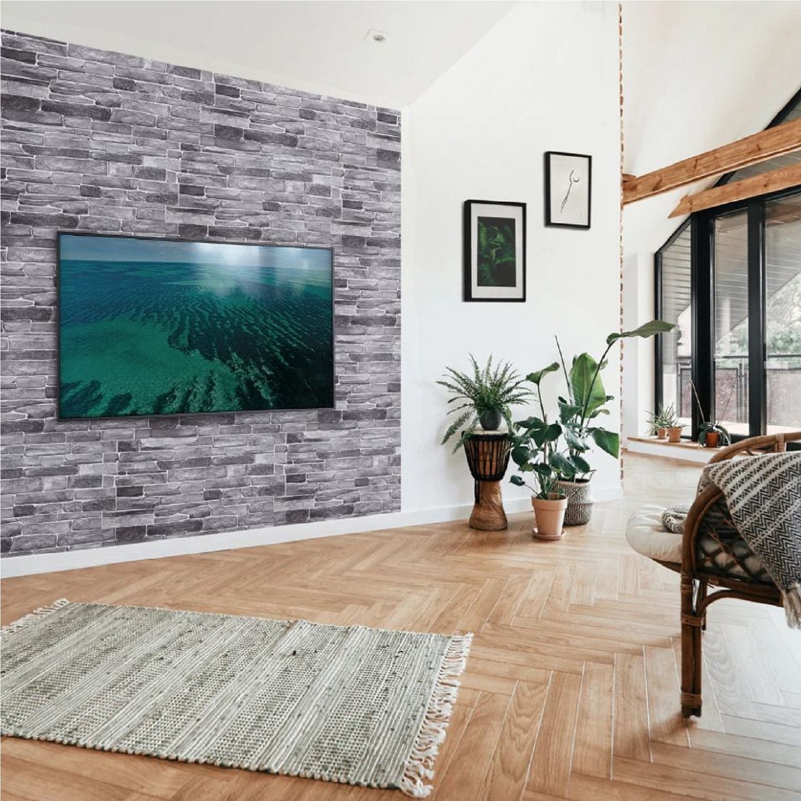 QLS 3D-Tapete Stein, Steinoptik, Wandpaneele 96x48 cm Grau Wasserdicht 96x48 cm