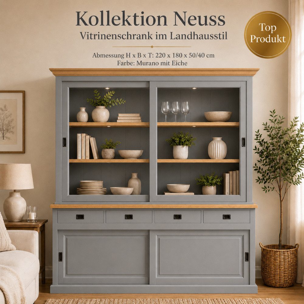 Wohnpalast Vitrine Vitrinenschrank Neuss 180 cm murano mit Eiche – Landhaus Schrank