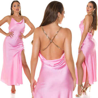 Koucla Partykleid Satin Maxi Kleid rosa Rückenfrei mit gold Kette Trägern Rückenfrei, Schlitz