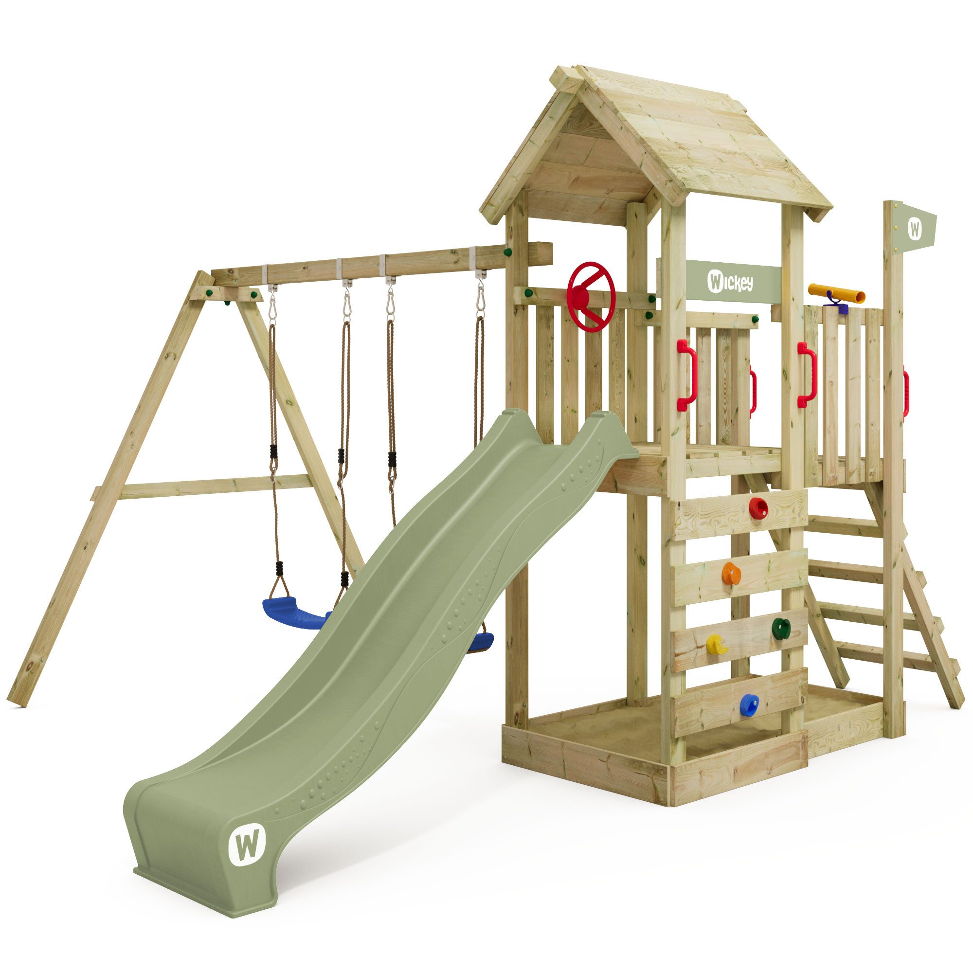 Wickey Spielturm MultiFlyer Holzdach - Klettergerüst mit Doppelschaukel und Sandkasten, extrem witterungsbeständig mit 10 Jahren Garantie*