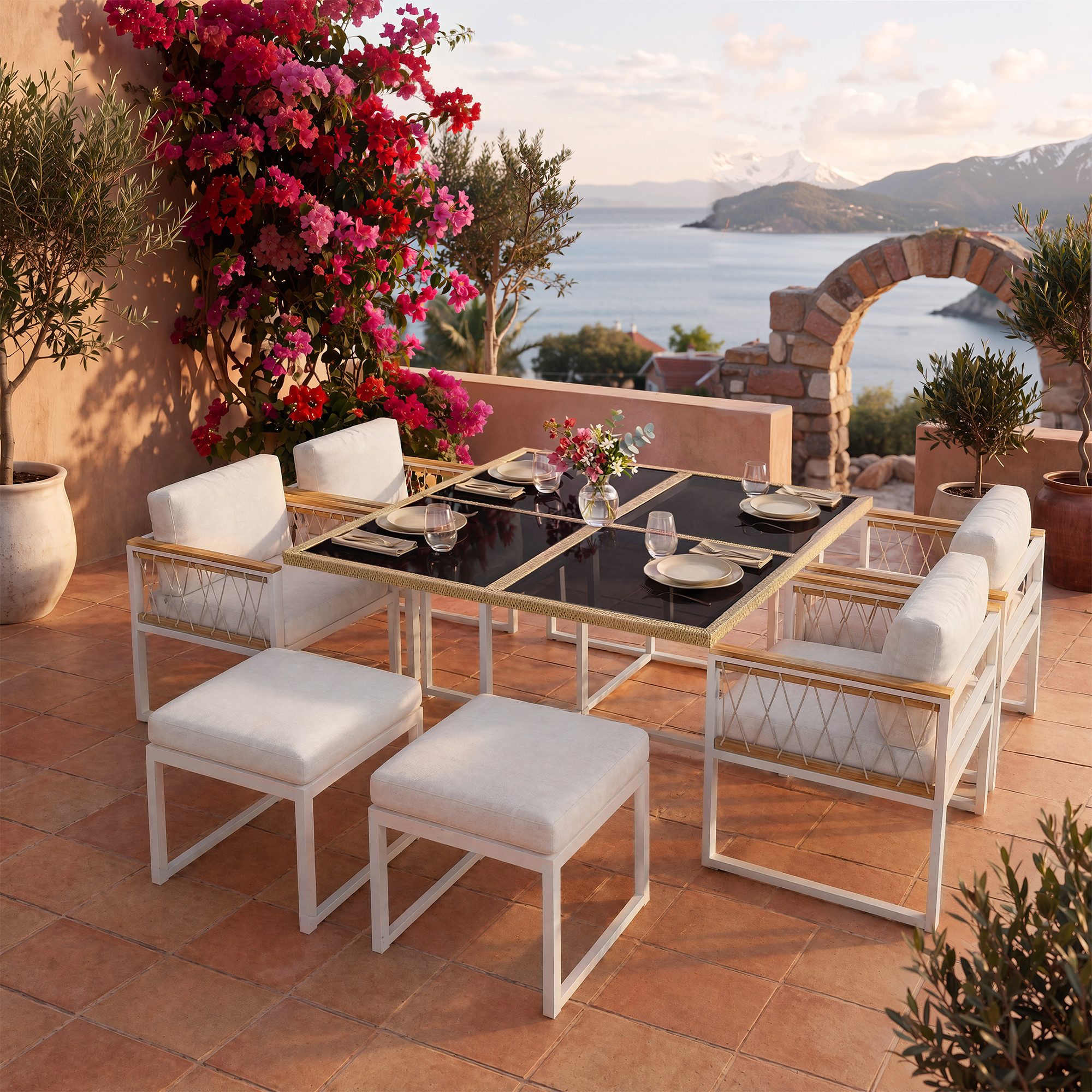 Flieks Garten-Essgruppe, (7-tlg), 6-Sitzer Gartenmöbel Esstisch- und Stuhlset mit Stuhl aus Polyrattan