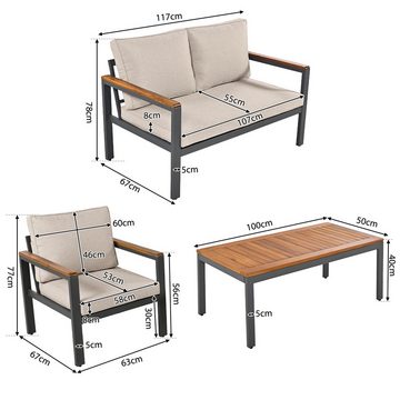 HAUSS SPLOE Gartenlounge-Set mit Sofa, 2 Einzelstühle, 1 Tisch aus Stahl und Akazienholz Beige
