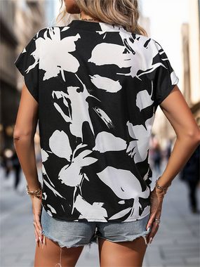 AFAZ New Trading UG Langarmshirt Damen-Sommer-Kontrast-Schwarz-Weiß-Shirt mit V-Ausschnitt Modische Kurzarm-Komfortoberteile für Damen