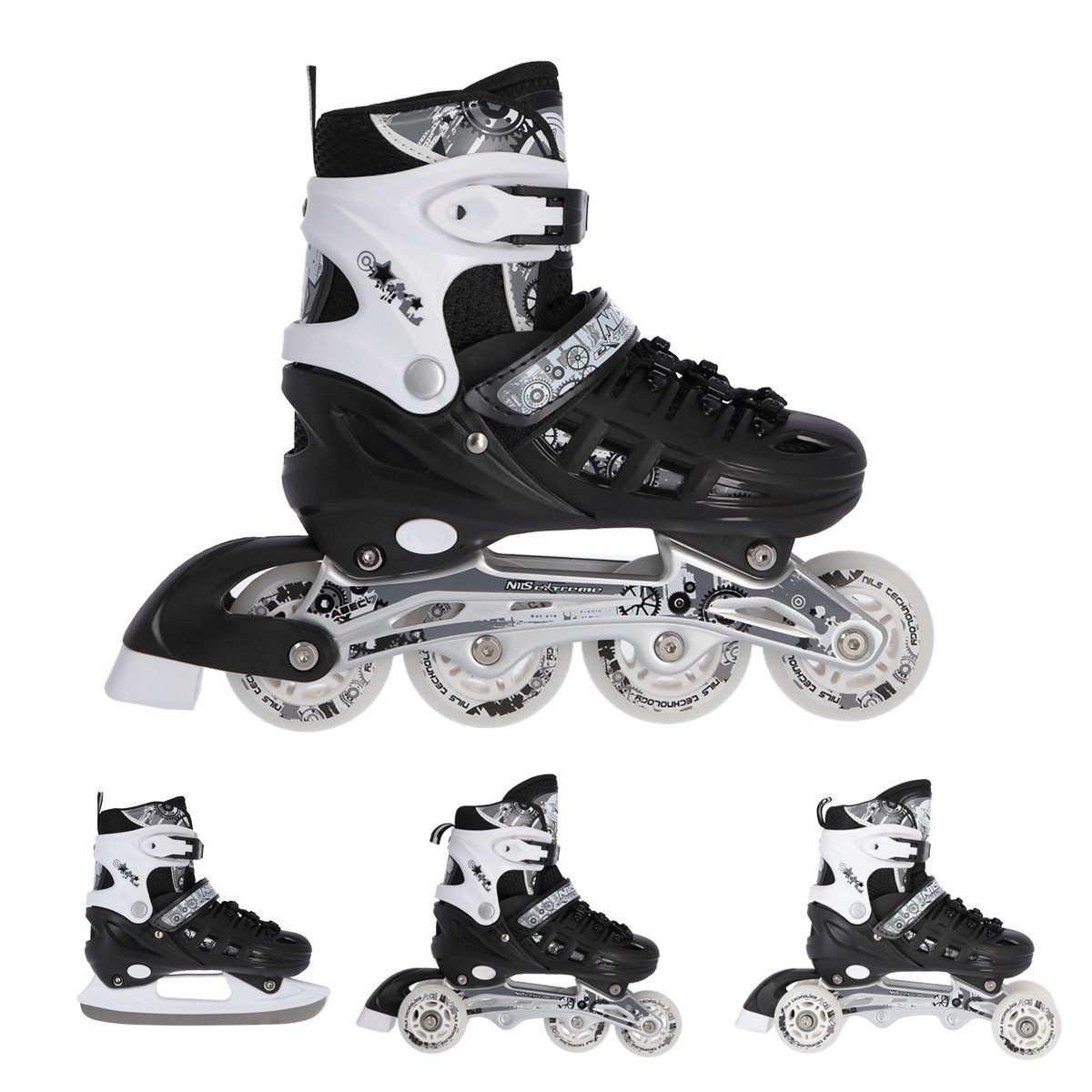 NILS EXTREME Inlineskates 4-IN-1 Inliner Schlittschuhe Rollschuhe Eishockey, Verstellbare Größe & wechselbare Kufen