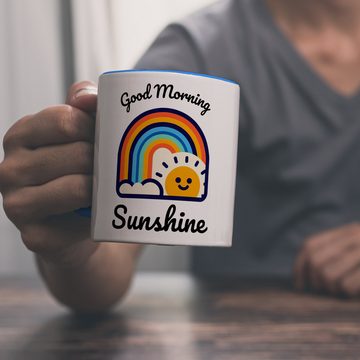 speecheese Tasse Regenbogen und Sonne Kaffeebecher in hellblau mit Spruch Good Morning