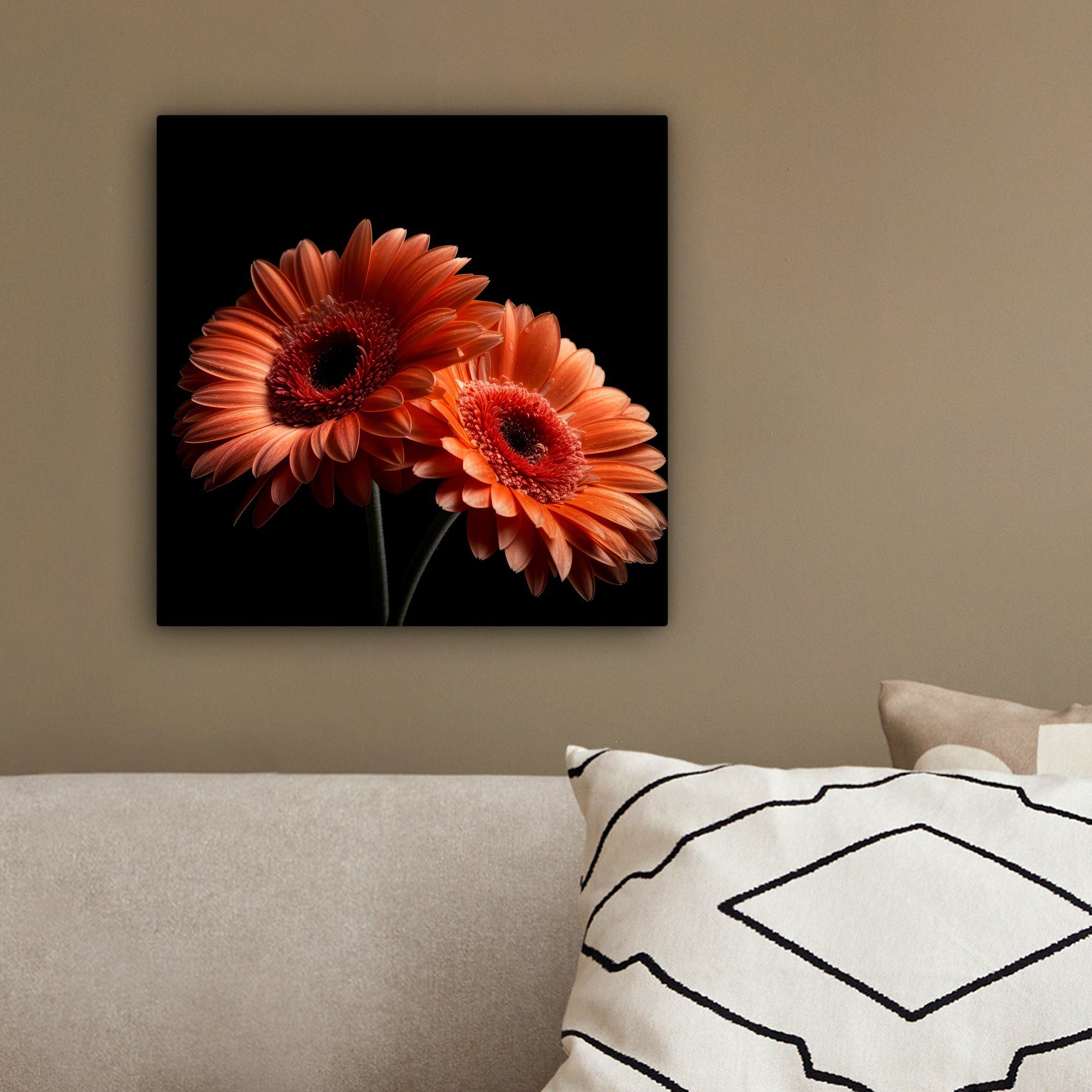 Blumen Orange cm Gerbera Botanisch Schlafzimmer, - OneMillionCanvasses® Wohnzimmer Schwarz, für St), Bilder Leinwandbild - - - Leinwand 20x20 (1