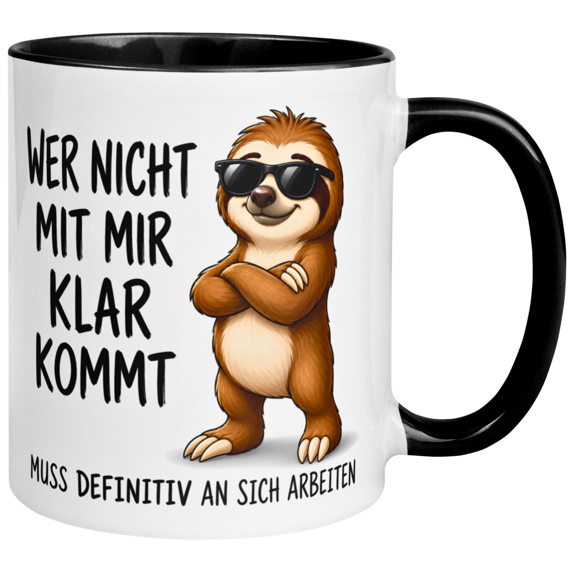 Momentals Tasse Faultier – „Wer nicht mit mir klar kommt“ – lustiger Geschenk Becher, Gratis Versand · Links-&Rechtshänder · Spülmaschinenfest
