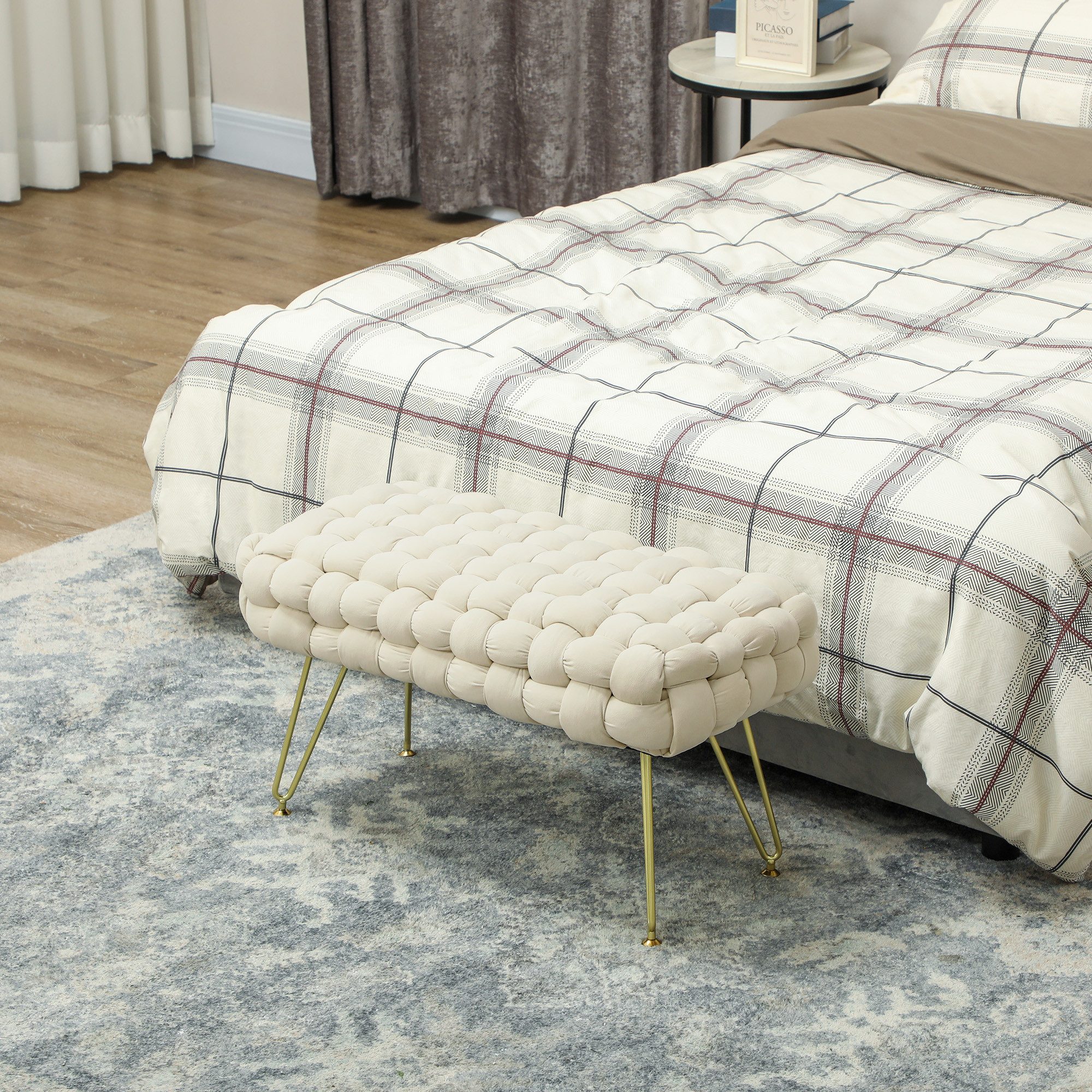 REDOM Polsterbank Sitzhocker Cremeweiß 76x38x41,5 cm, Samtoptik, Metallbeine, gepolstert (Packung, 1-St., Fußbank & Fußstütze für Wohnzimmer & Schlafzimmer), Stilvolle Polsterbank mit edlem Samtbezug