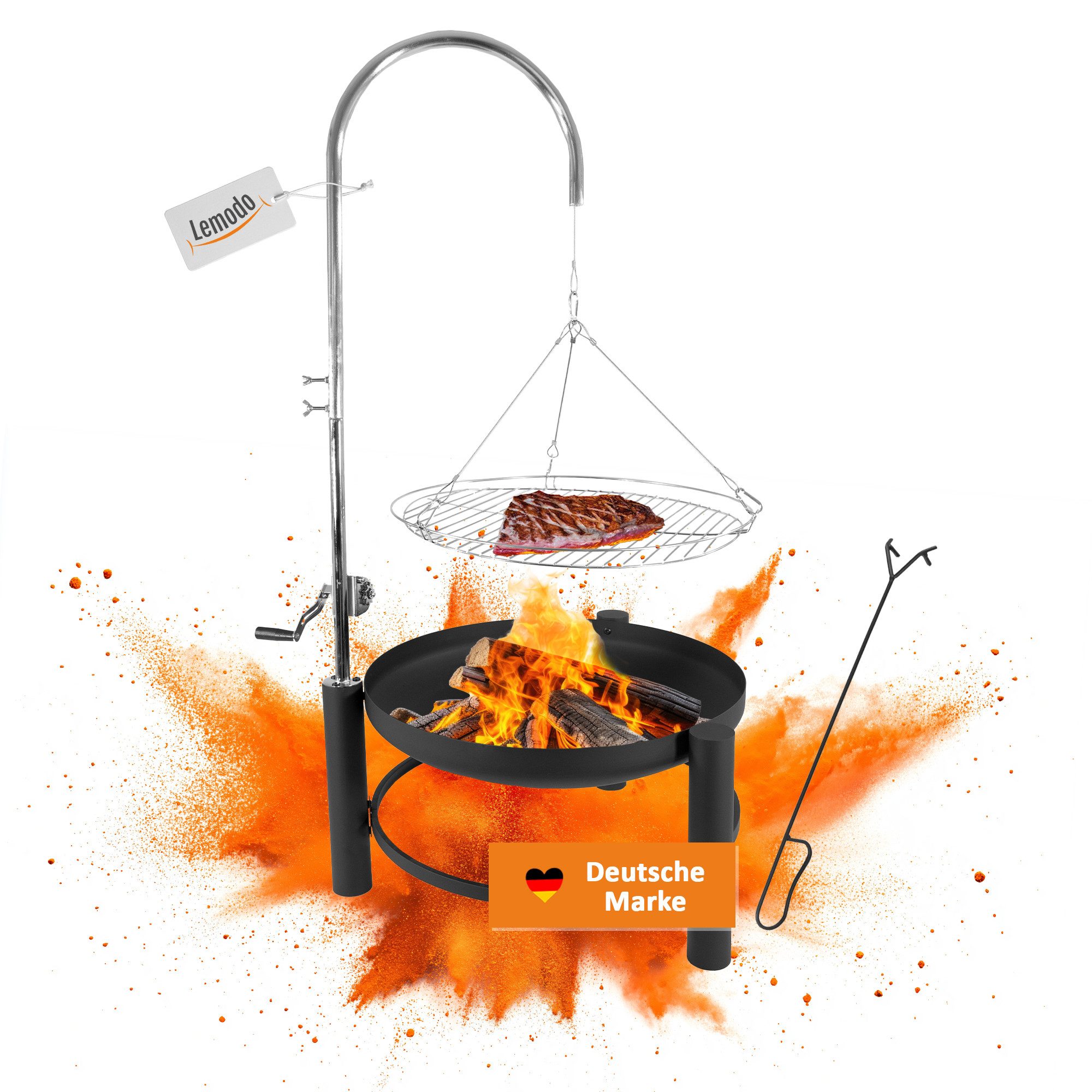 Lemodo Feuerschale Schwenkgrill mit höhenverstellbarem Grillrost, Holzkohlegrill, (1 Set), Schwenkgrill mit Grillrost, höhenverstellbar mit Kurbel, Feuerstelle