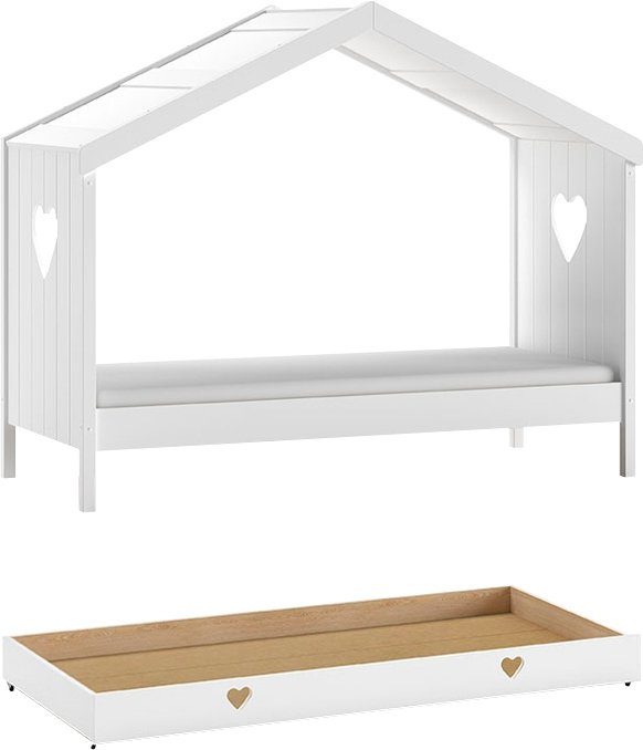 Vipack Hausbett Amori, inkl. Dach, Rückseitig offen, mit Rolllattenrost (B/H/T ca. 213x171,7x98,7cm, verspielte Herz-Ausschnitte seitlich), wahlweise, mit oder ohne Schublade und Absturzschutz, weiß lackiert