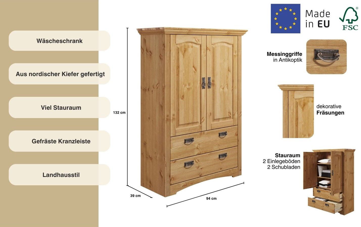 OTTO home Wäscheschrank Konrad (2 Breiten: 94/133 cm H/T ca. 132/39 cm) aus massiver Kiefer, mit viel Stauraum