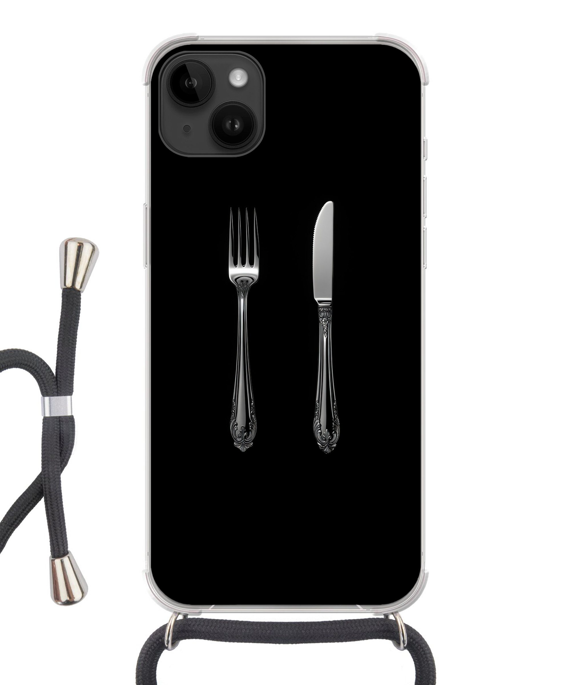 MuchoWow Handyhülle für Apple iPhone 14 Max Gabel - Messer - Silber, Tragbare Handyhüllen mit Kette zum umhängen, Handykette Handyband