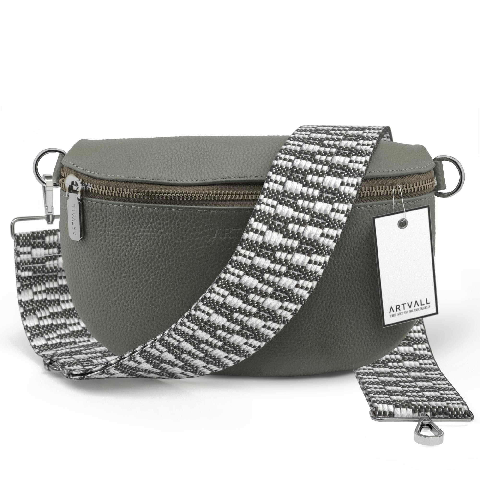 ARTVALL Umhängetasche Echtleder Handtasche Damen Brusttasche Grau Grün (Tasche inkl. Taschenband), Leder Bauchtasche klein breiter Schulterriemen abnehmbarer Taschengurt