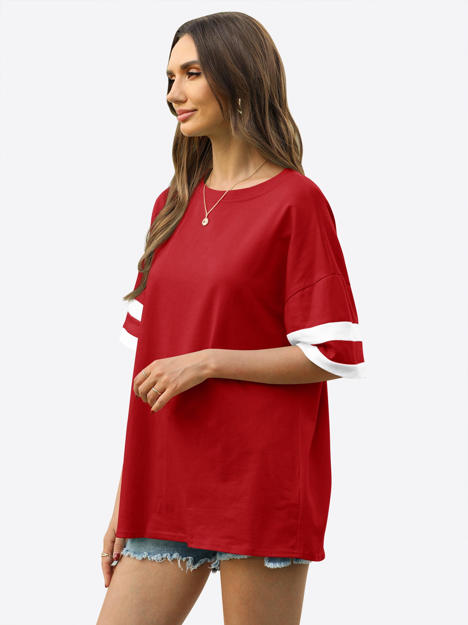 Imily Bela Kurzarmshirt Oversized T-Shirt Rundhalsausschnitt Loose Lässig (Packung, 1-tlg., 1per-Pack) mit Kontraststreifen an den Ärmeln – Bild 4 von 5