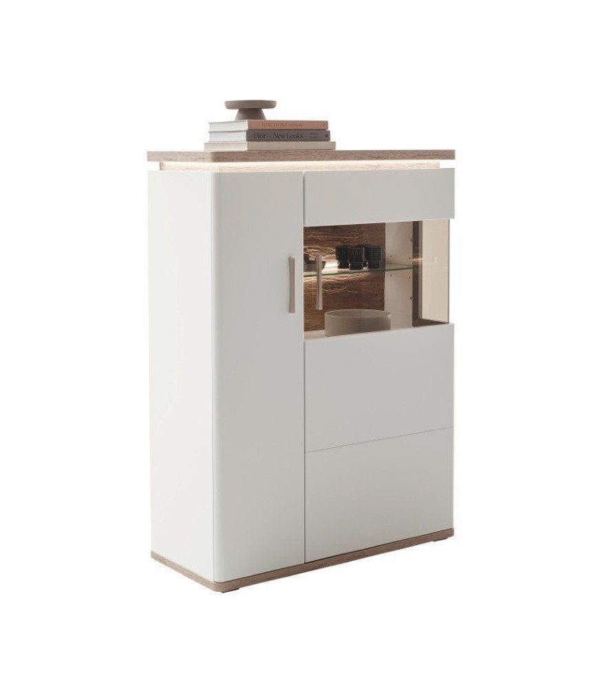 Furnhaus Vitrine Palermo Highboard Soft White/Viking Oak, mit Stauraum (Wohnzimmerschrank mit Türen und geräumigen Fächern, 1-St., Dekorative Aufbewahrung für Geschirr, Gläser und Wohnaccessoires) Highboard mit Glaseinsatz als Vitrine fürs Wohnzimmer modern