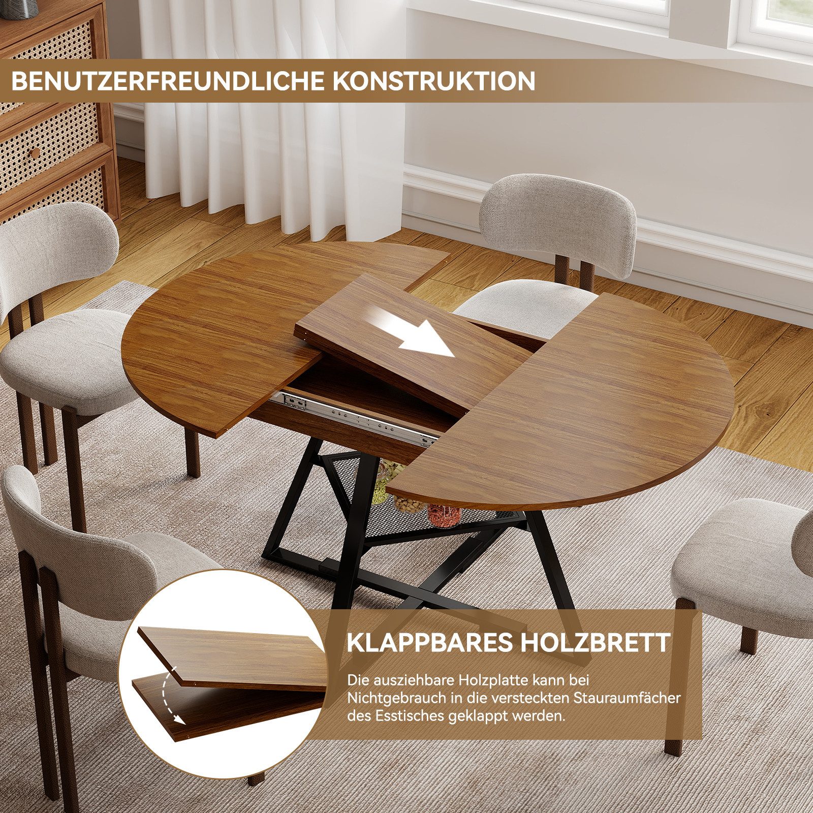 Puluomis Esstisch 100-130cm ausziehbar mit versteckte Fächer, offene Regale, 120kg Tragkraft, für Wohnzimmer, Esszimmer – Bild 4 von 5