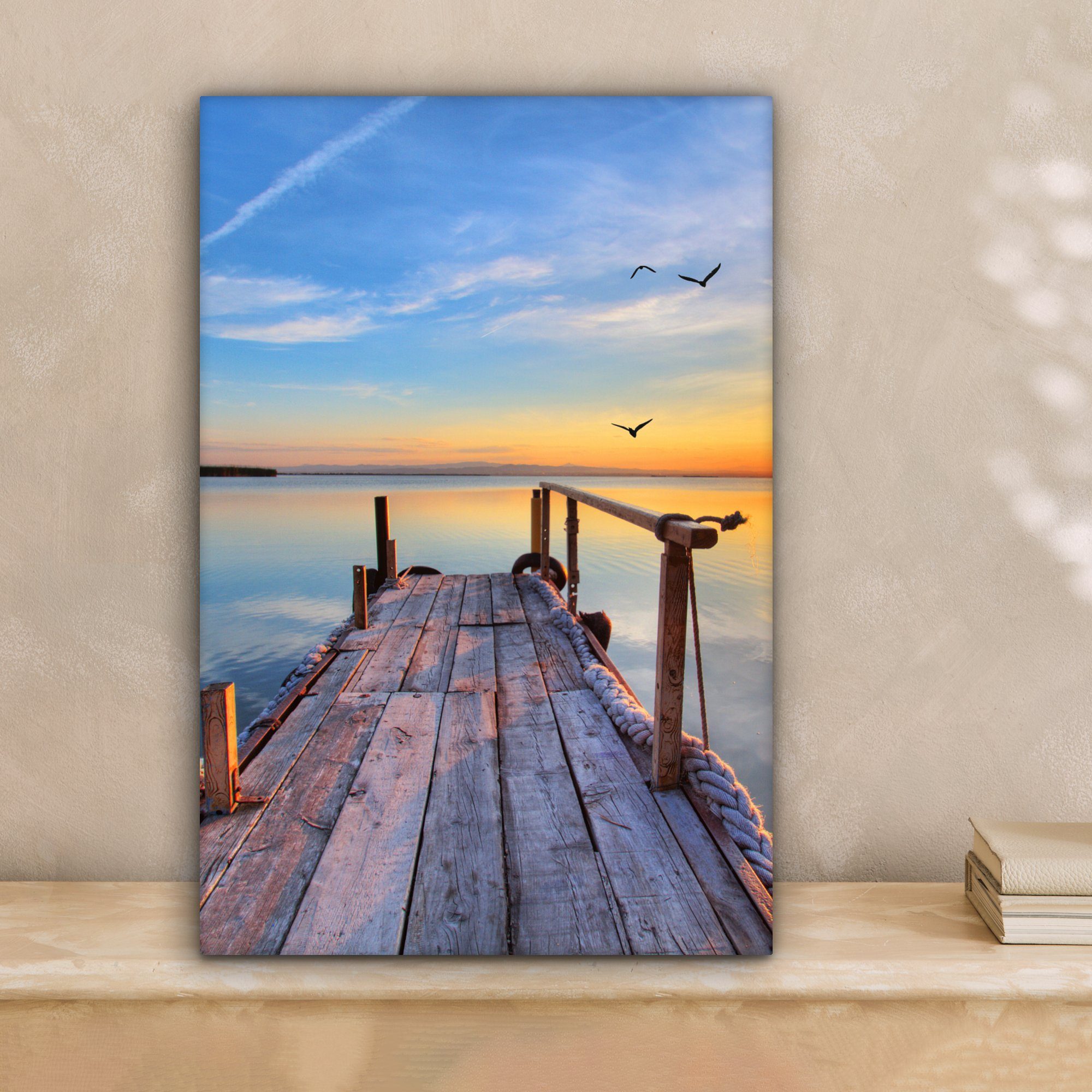 OneMillionCanvasses® Leinwandbild Wasser - Steg - Vögel - Sonnenuntergang - günstig online kaufen