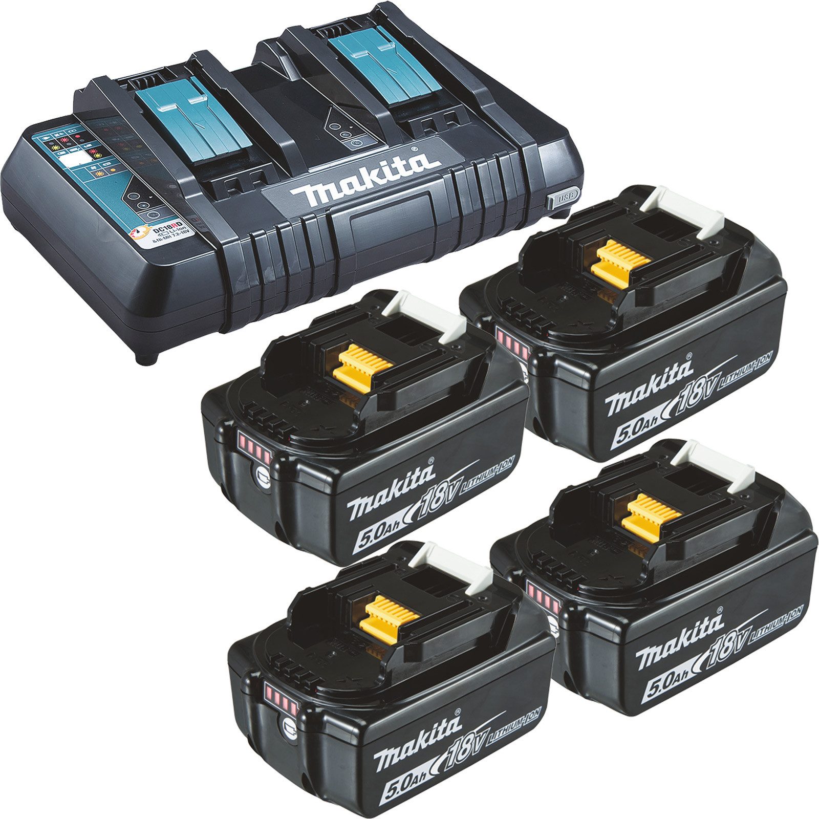 Makita Makita 4x BL1850B Akku 5,0 Ah 18V Li-Ion + DC18RD Doppelschnellla... Akku Starter-Set