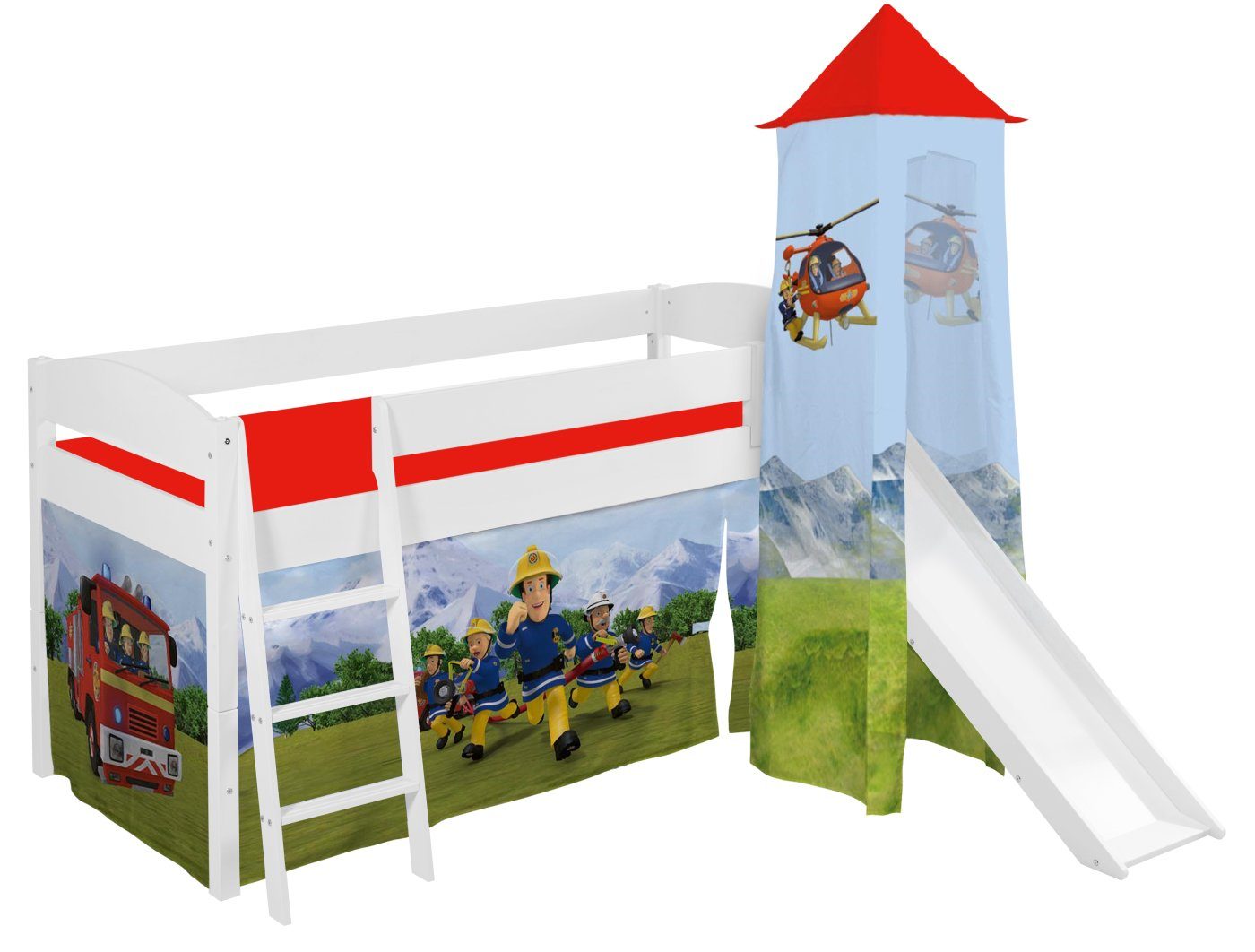 Lilokids Hochbett Kinderbett mit Rutsche IDA Vorhang & Turm FEUERWEHRMANN SAM