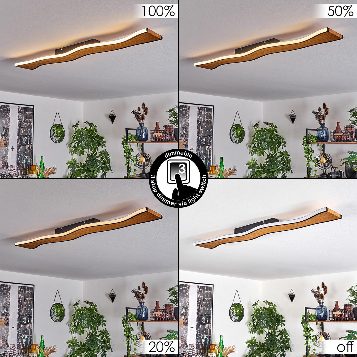 hofstein Deckenleuchte dimmbare Deckenlampe aus Metall/Holz/Kunststoff in Schwarz/Natur/Weiß, LED wechselbar, 3000 Kelvin, Leuchte 40 Watt, 2100 Lumen, dimmbar über Lichtschalter