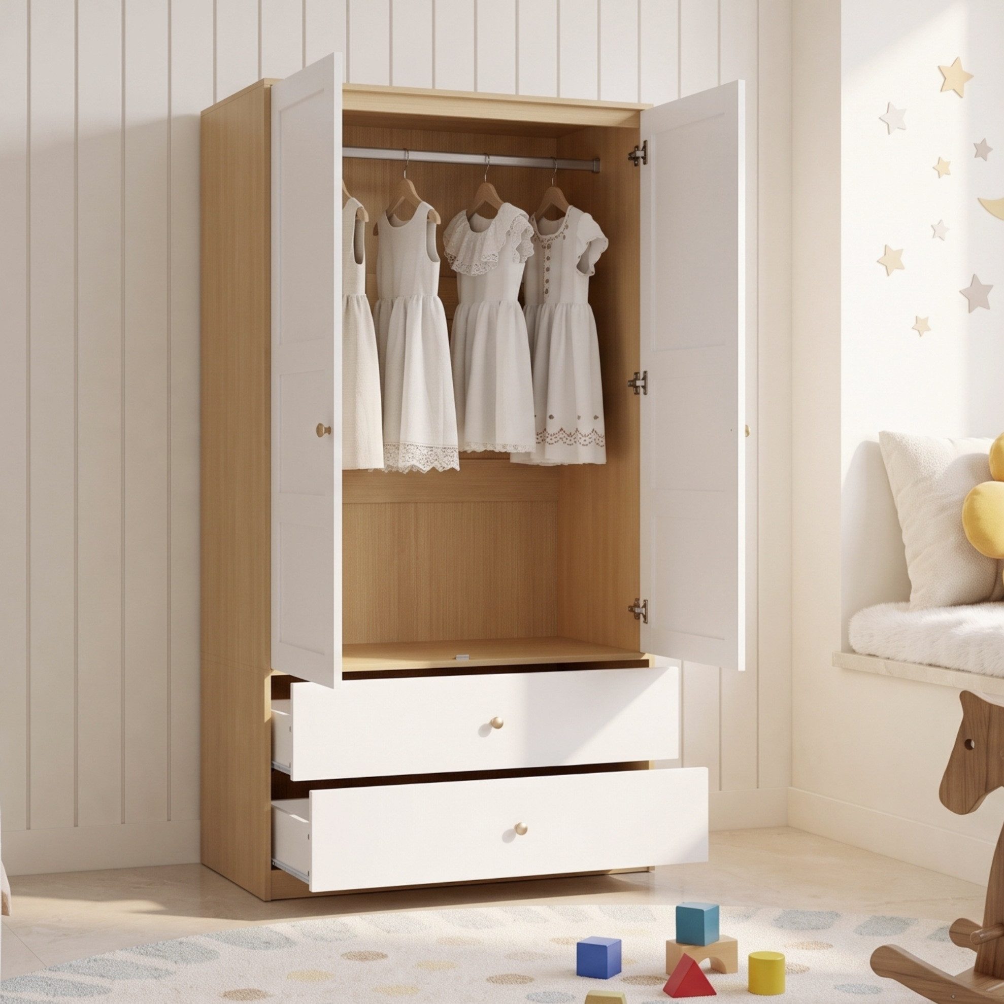 OKWISH Kleiderschrank Stauraumschrank mit 2 Türen & 2 Schubladen (Packung, 1-St., Natur+Weiß, 100×48×180 cm, für Schlafzimmer) Kleiderstange, verstärkte Beschläge, viel Stauraum