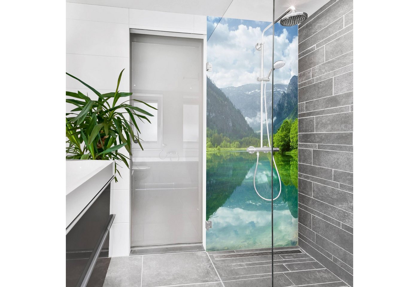 Thumbnail - Bilderdepot24 Badrückwand Berg grün Duschrückwand ohne Bohren Dusche Wald Natur, (Hartfolie matt » Selbstklebend SMART 0...
