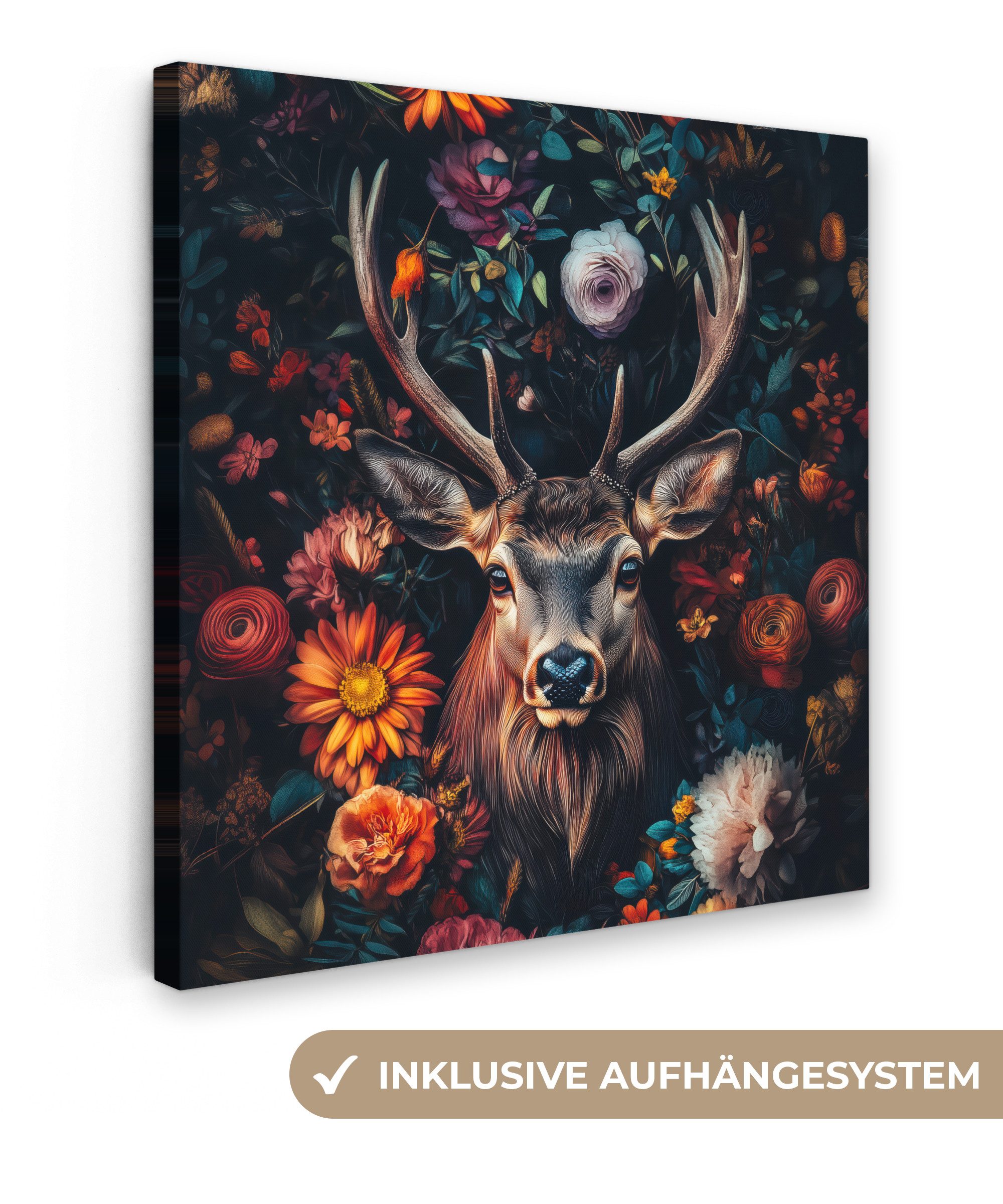 OneMillionCanvasses® Leinwandbild Hirsch - Tierporträt - Blumen - Natur - H günstig online kaufen