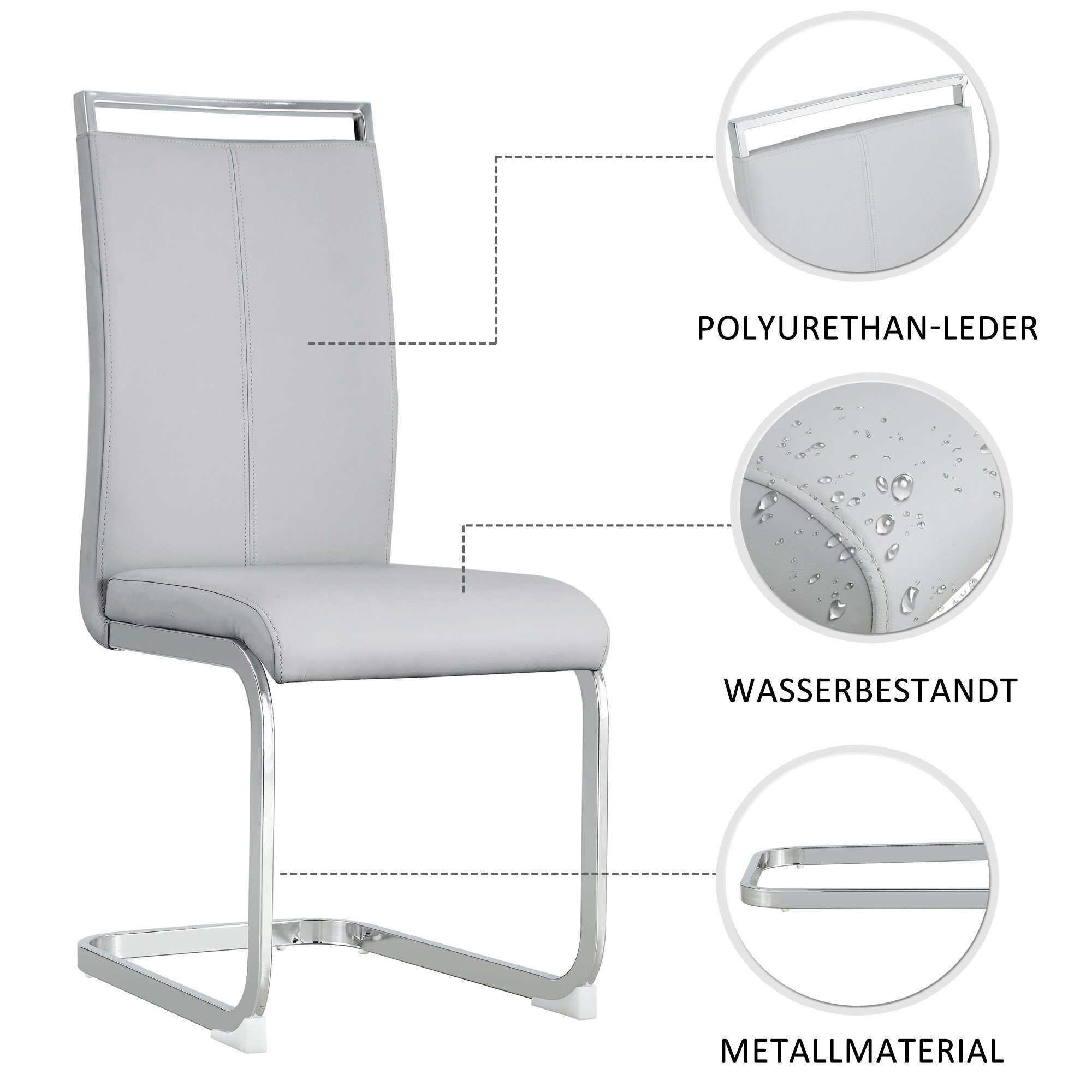 Merax Set, 4er Schwingstuhl Hellgrau | Hellgrau aus (4 Freischwinger St), Silber Esszimmerstuhl, Polsterstuhl, Kunstleder |