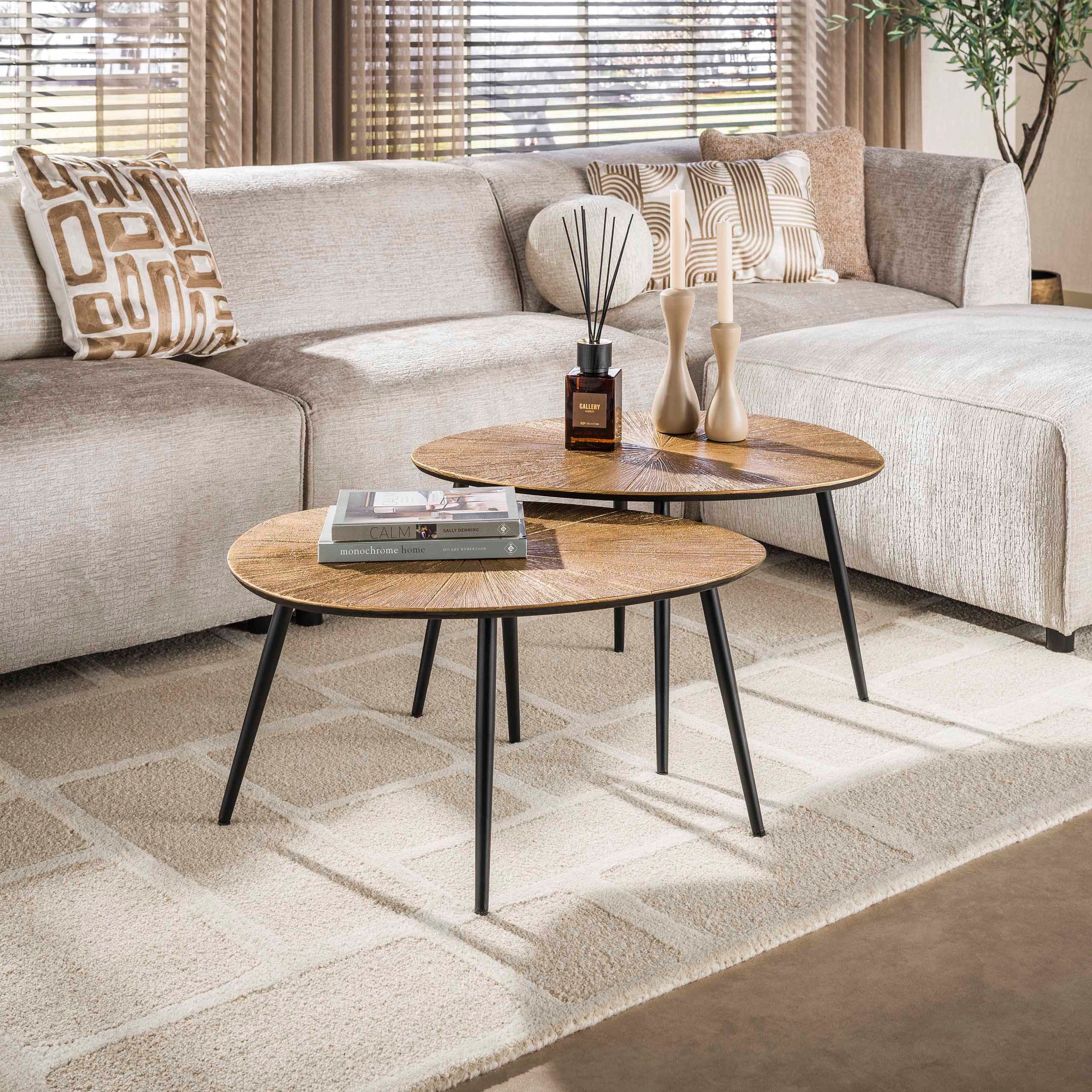 alesvelt Couchtisch SILVIO RAGGIO Organische Satztische mit Strahlenmuster in Antikgold (Set, 2-er Set), 77x60x43h cm, 77x60x39h cm