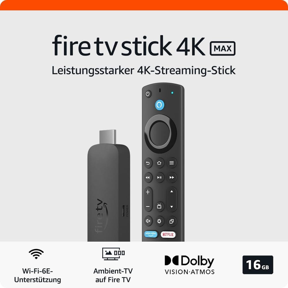 Amazon Streaming-Stick Fire TV Stick 4K MAX Ultra HD (Neueste Generation) Wi-Fi 6E Ambient-TV, Alexa Sprachfernbedienung, Dolby Vision/Atmos, HDR10+