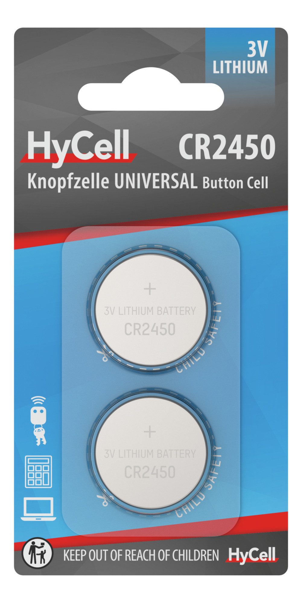 HyCell Lithium Knopfzellen CR2450 3V, 2 Stück Knopfzelle