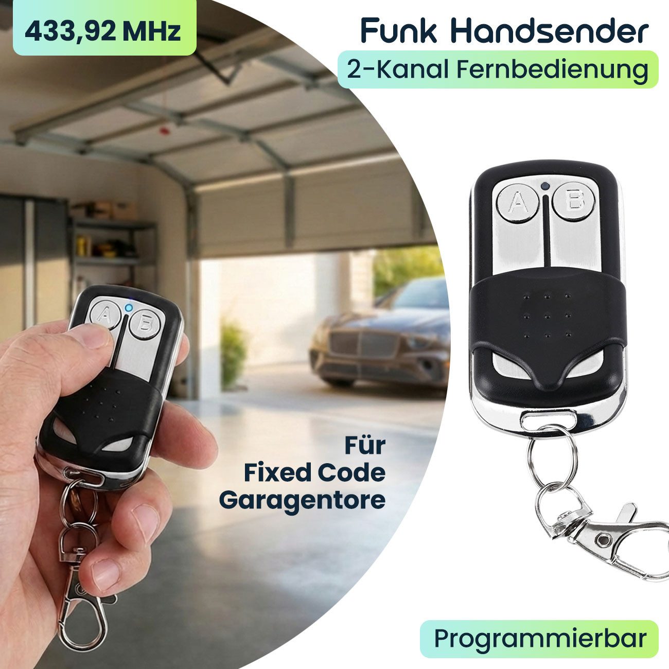 shop'n smile ideoon Garagentor-Funkempfänger Funk Handsender 433,92 MHz 2-Kanal Garagentor-Fernbedienung, für Garagentorantrieb, 1-tlg., 433,92 MHz, AM/FM, anlernbar, 2 Tasten, mit Karabiner, Fixcode