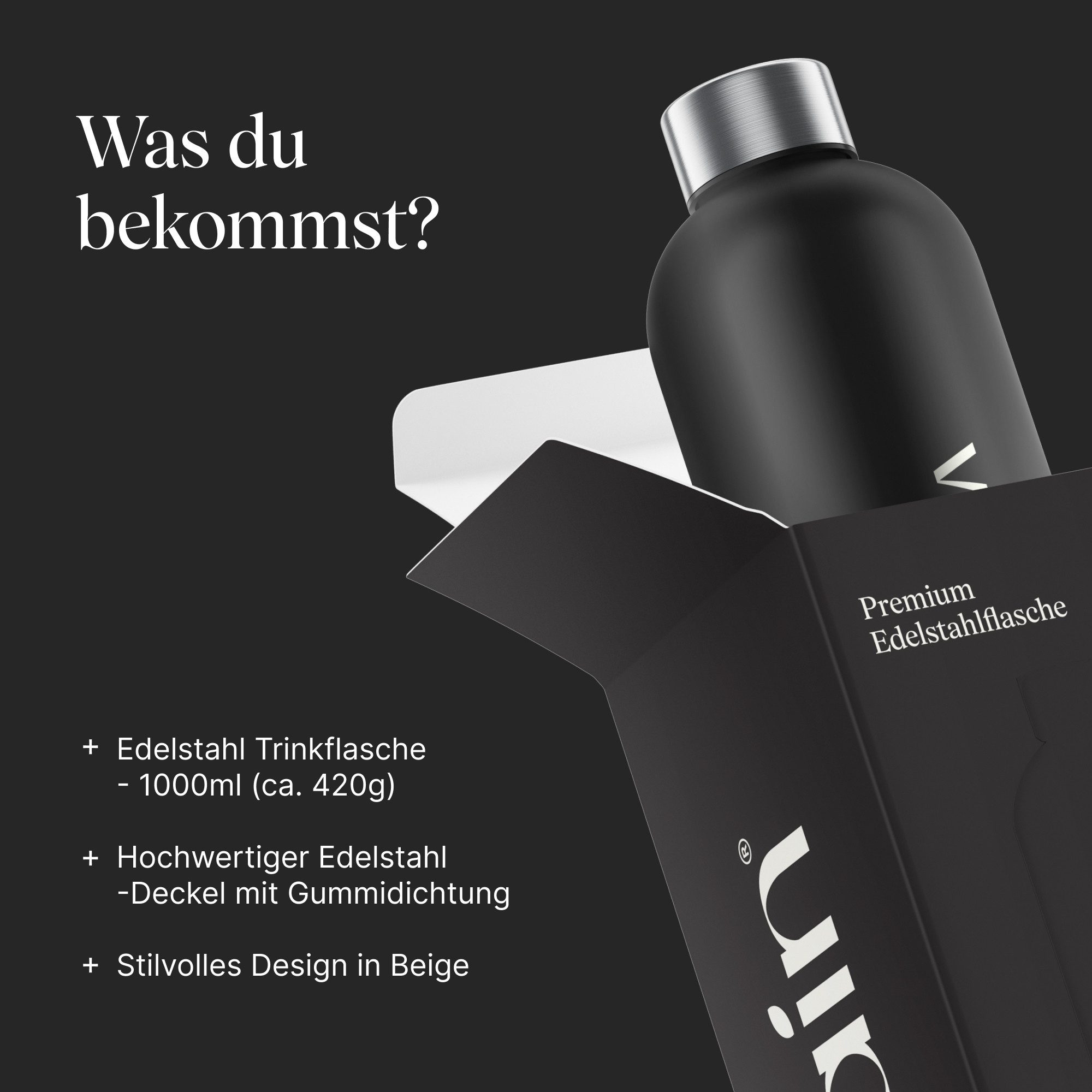 VETAIN Trinkflasche Edelstahl 1L, BPA-Frei - Kohlensäure geeignet - Isoliert - Auslaufsicher – Bild 4 von 5