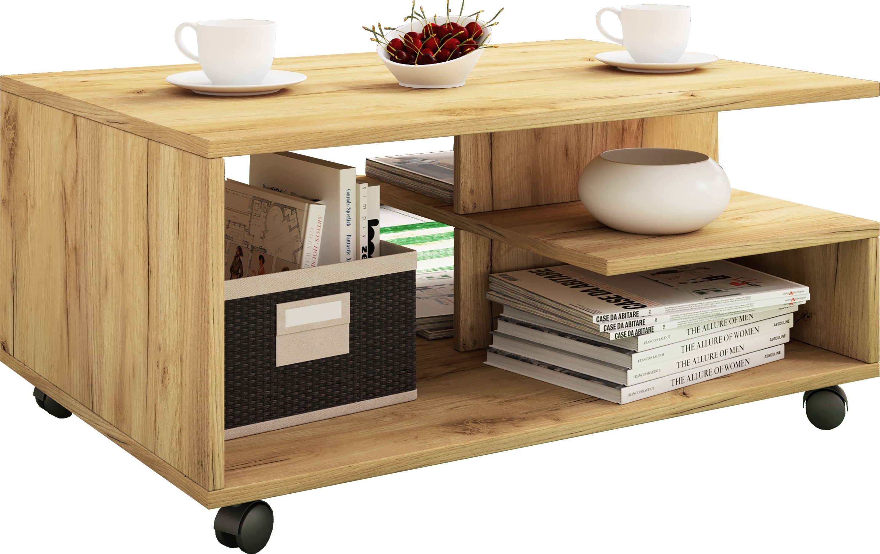 VCM Couchtisch Holz Sofatisch Couchtisch Rollen rollbar Stango L