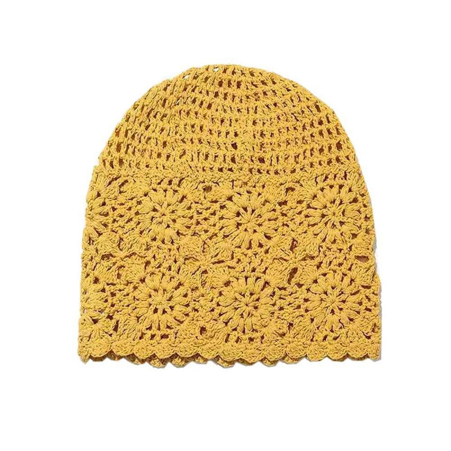 LuxusKollektion Beanie Beanie Mütze Damen Häkelmütze Blumenmuster Gelb M (1-St)