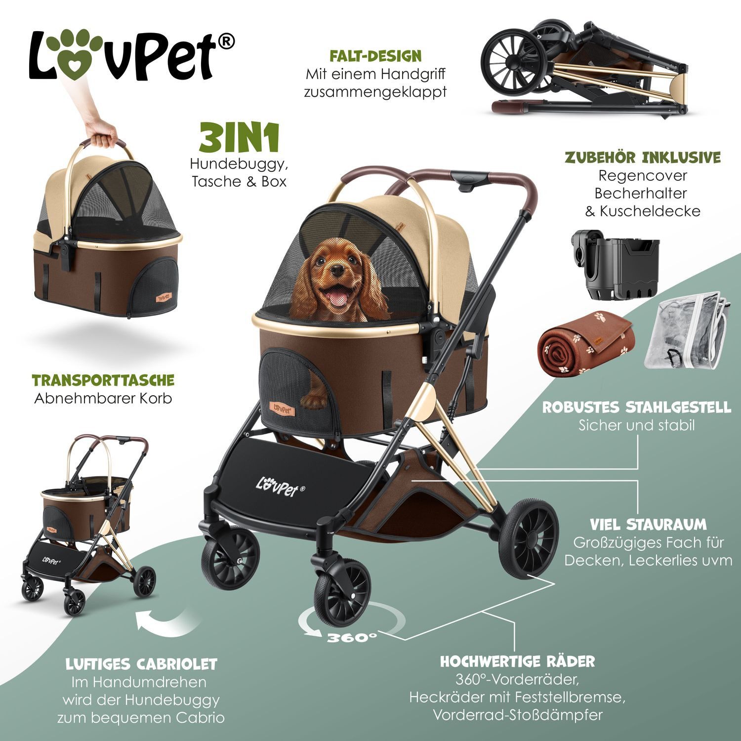 Lovpet Hundebuggy 3in1 Hundewagen max. bis 20kg Buggy für Haustiere, (Hunde günstig online kaufen