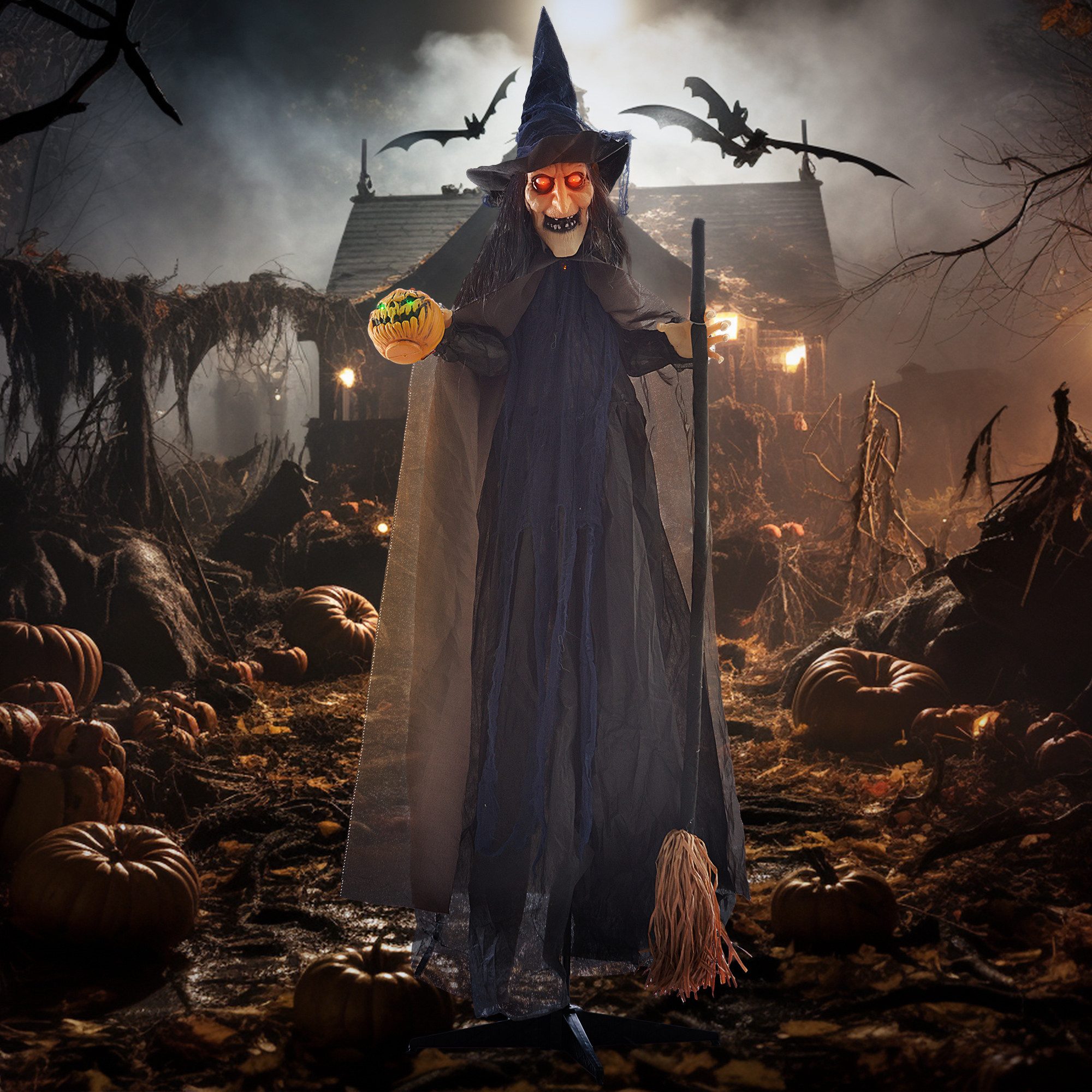 HOMCOM Dekofigur Hexe Outdoor Animiert mit Leuchtenden Augen Horror Skelett (Deko für Halloween, 1 St., Halloween Dekoration), Garten Dekofigur in Lebensgröße für Party