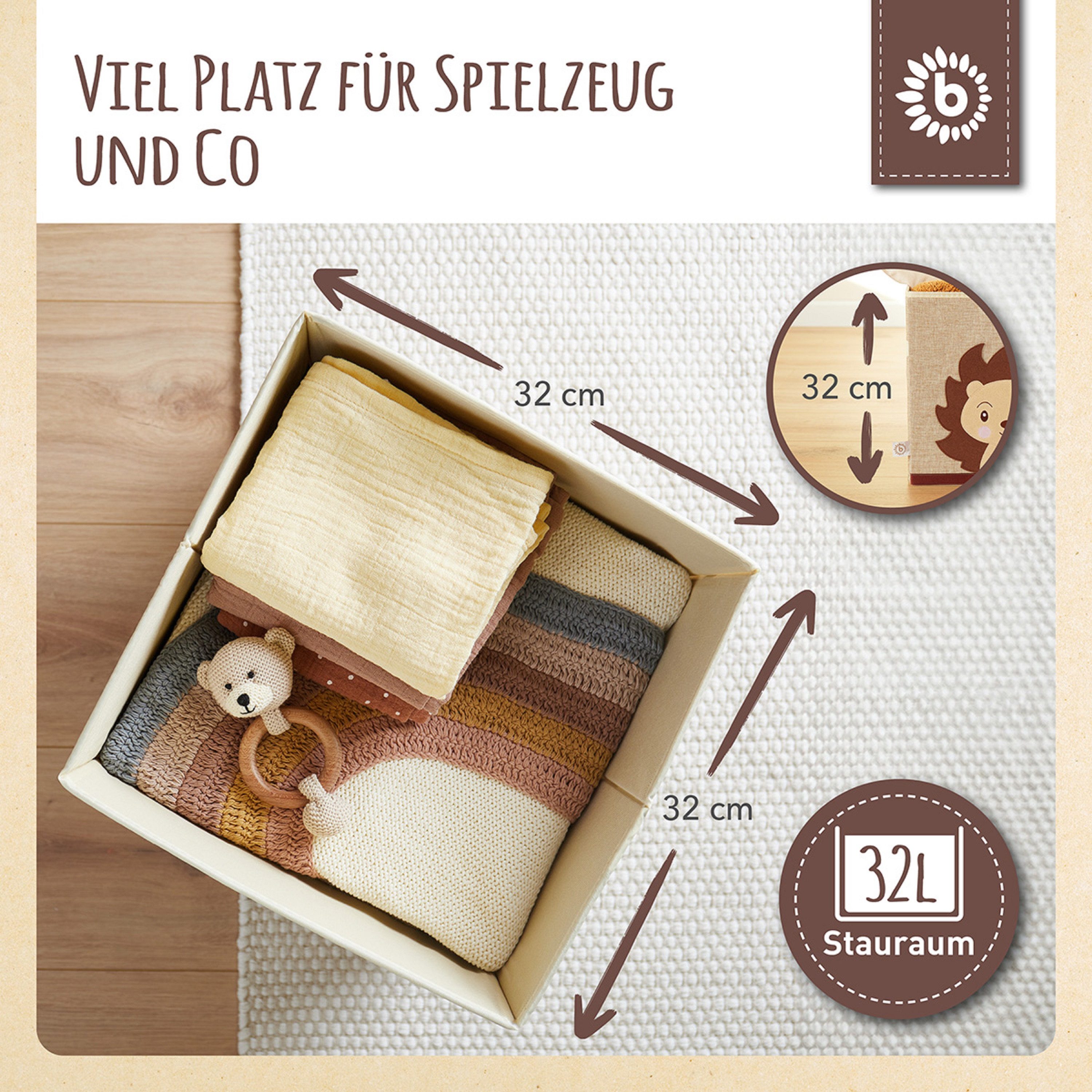 BIECO Spielzeugtruhe Aufbewahrungsbox Kinder Igel 36L faltbar 33x33 Kallax Boxen Spielzeug