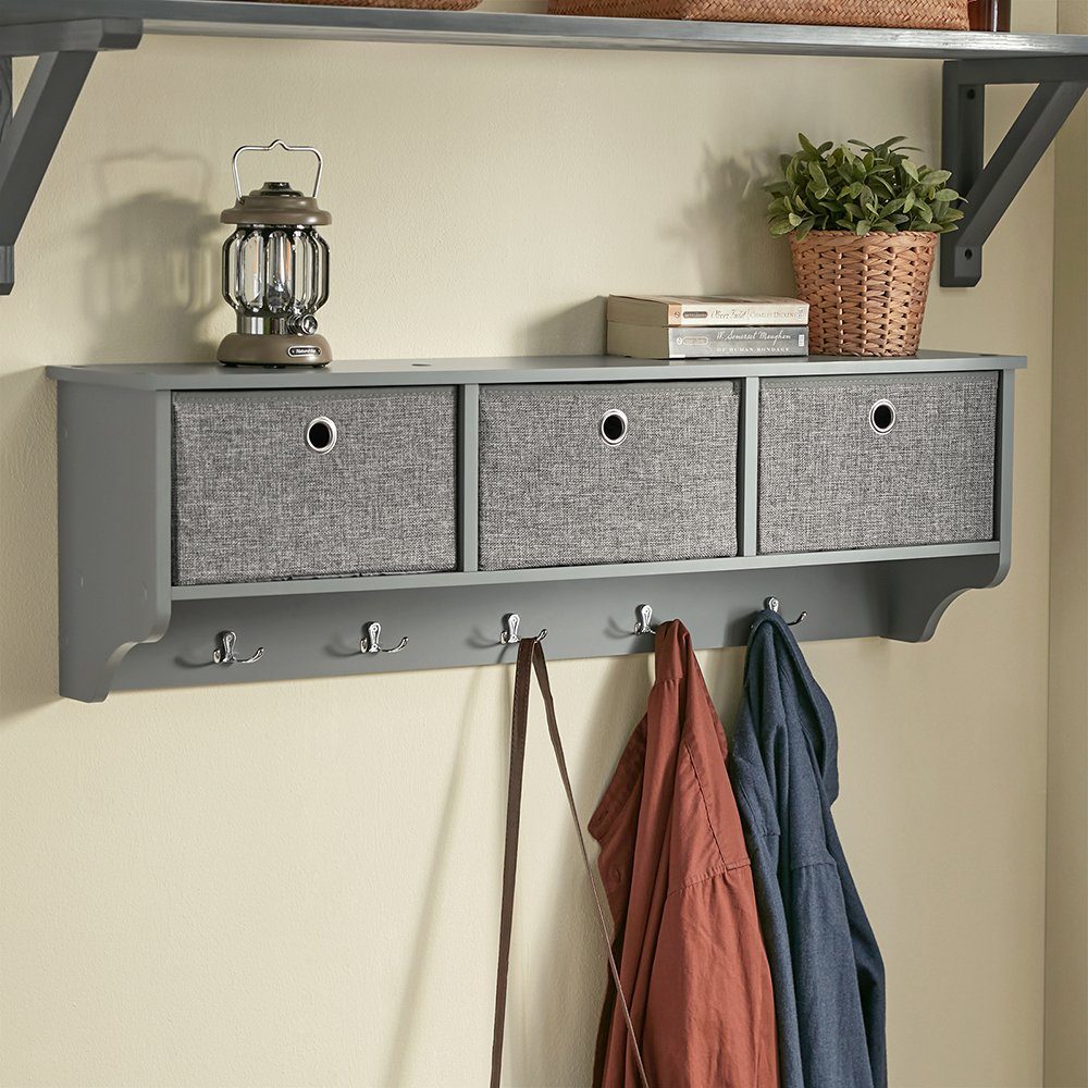 SoBuy Wandgarderobe FRG282, Wandregal, Schweberegal, Garderobenleiste, Flur, Schlafzimmer, Flurgarderobe Kleiderhaken Hängeregal mit 3 Körben, mit Haken