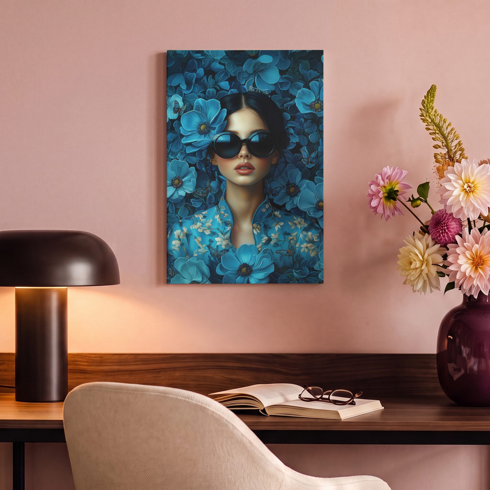 OneMillionCanvasses® Leinwandbild Frau - Blumen - Blau - Ästhetik - Luxus, Fotodruck (1 St), Leinwand Canvas Wandbild, Wanddekoration 20x30 cm – Bild 4 von 5