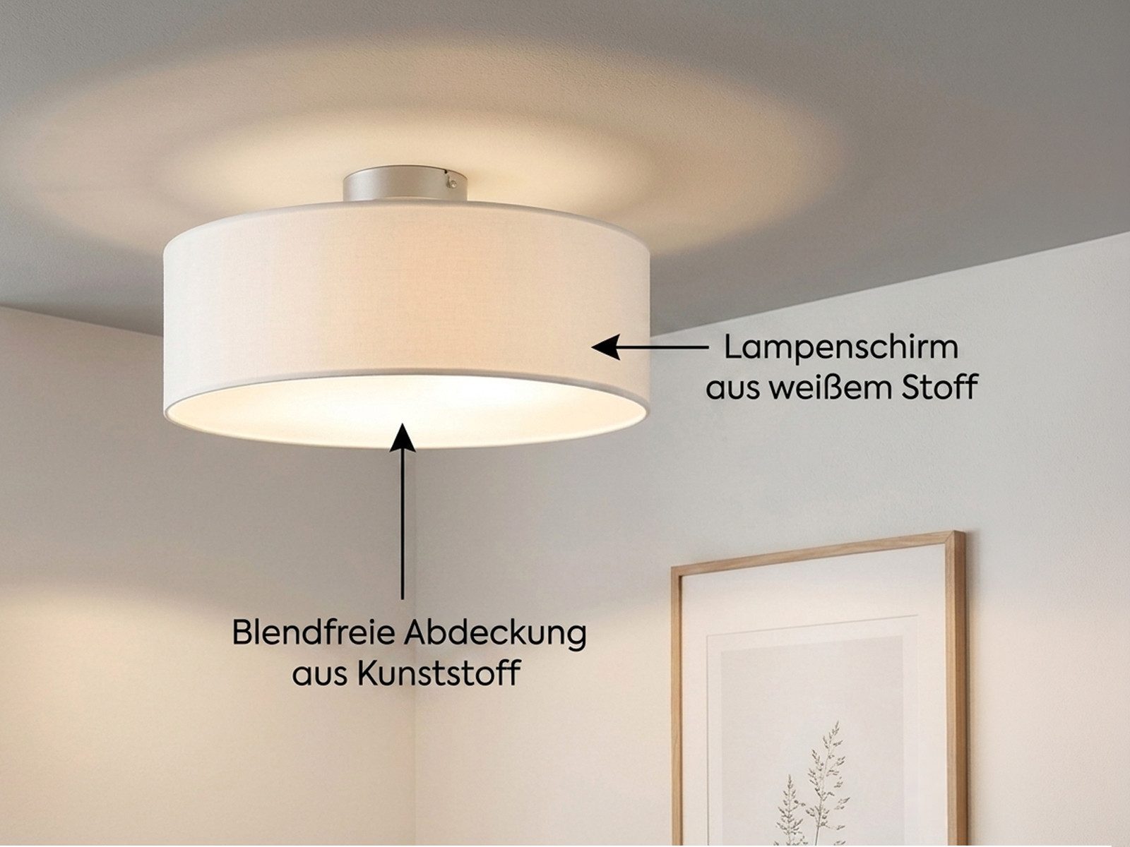 meineWunschleuchte Deckenleuchte mit Stoff Lampenschirm Weiß Ø 40cm, ohne Leuchtmittel, Stoff-Lampe, gemütliche Deckenlampe, E14 Schlafzimmerlampe rund