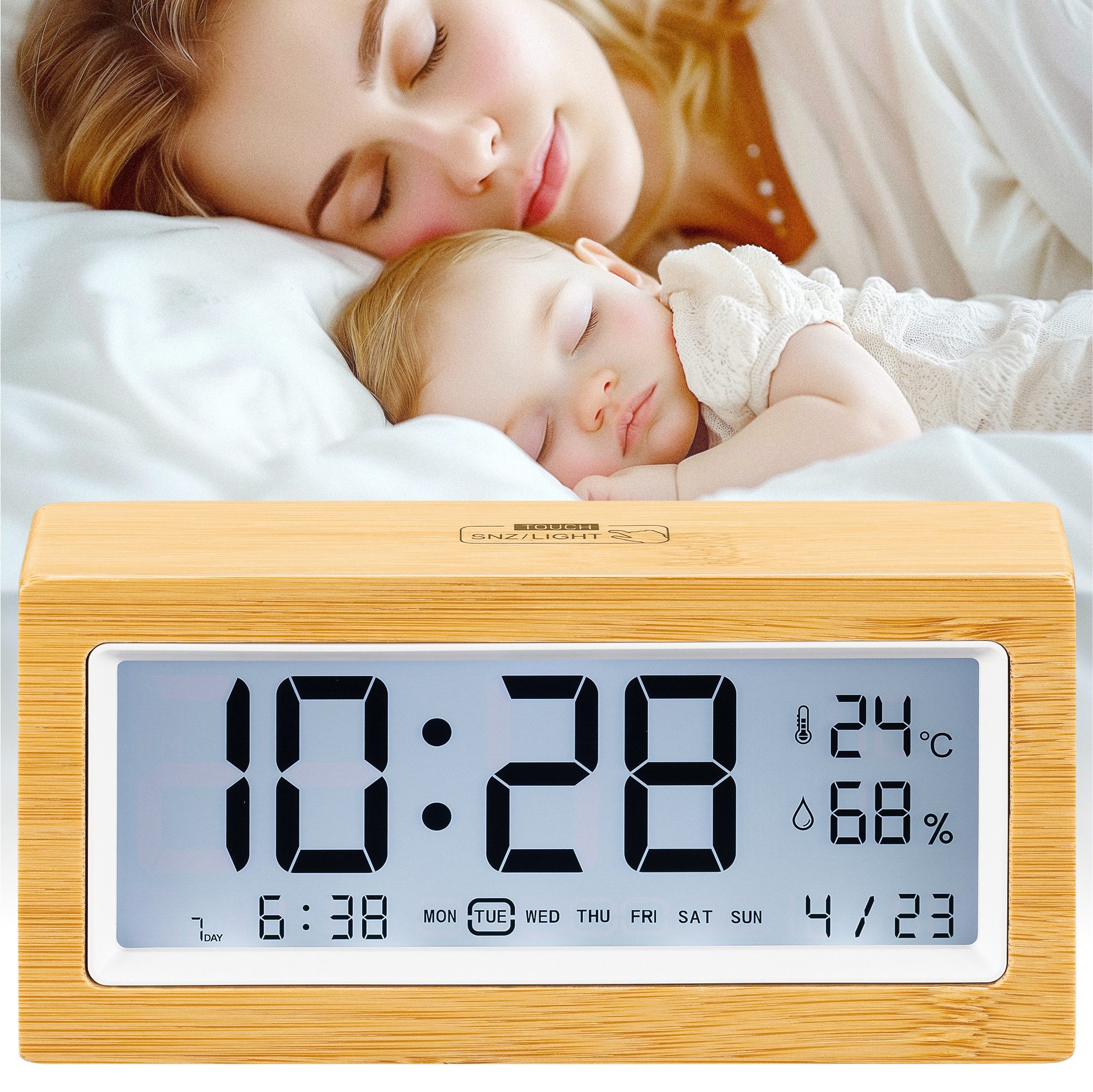 Wecker Digitaler Wecker aus Bambus - Wecker Digital mit Temperaturanzeige