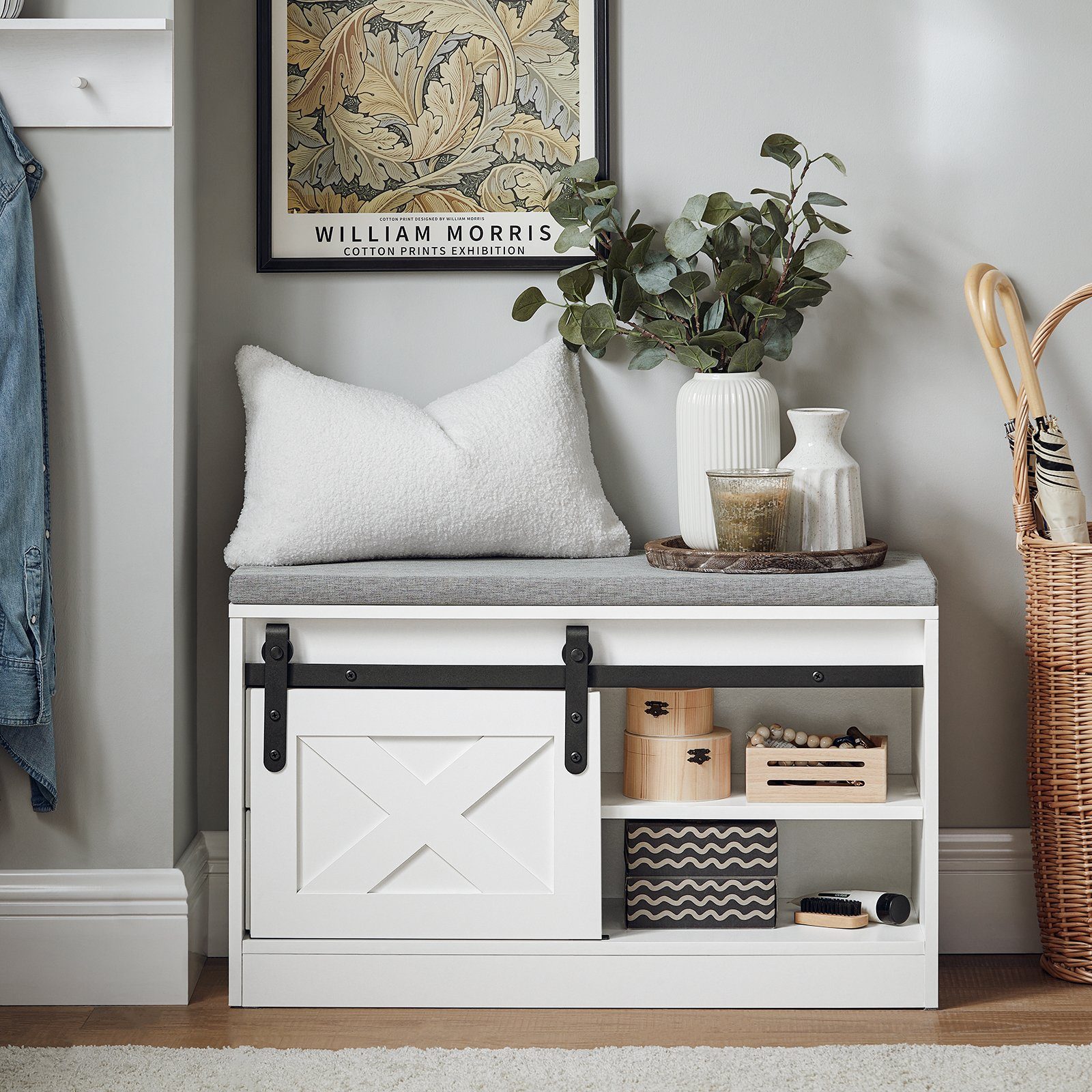 SoBuy Schuhbank FSR153, mit Sitzfläche, Schuhschrank schmal, mit Schiebetüren, Sitzbank mit Stauraum Schuhregal Dielenbank Schuhtruhe Sitzkommode