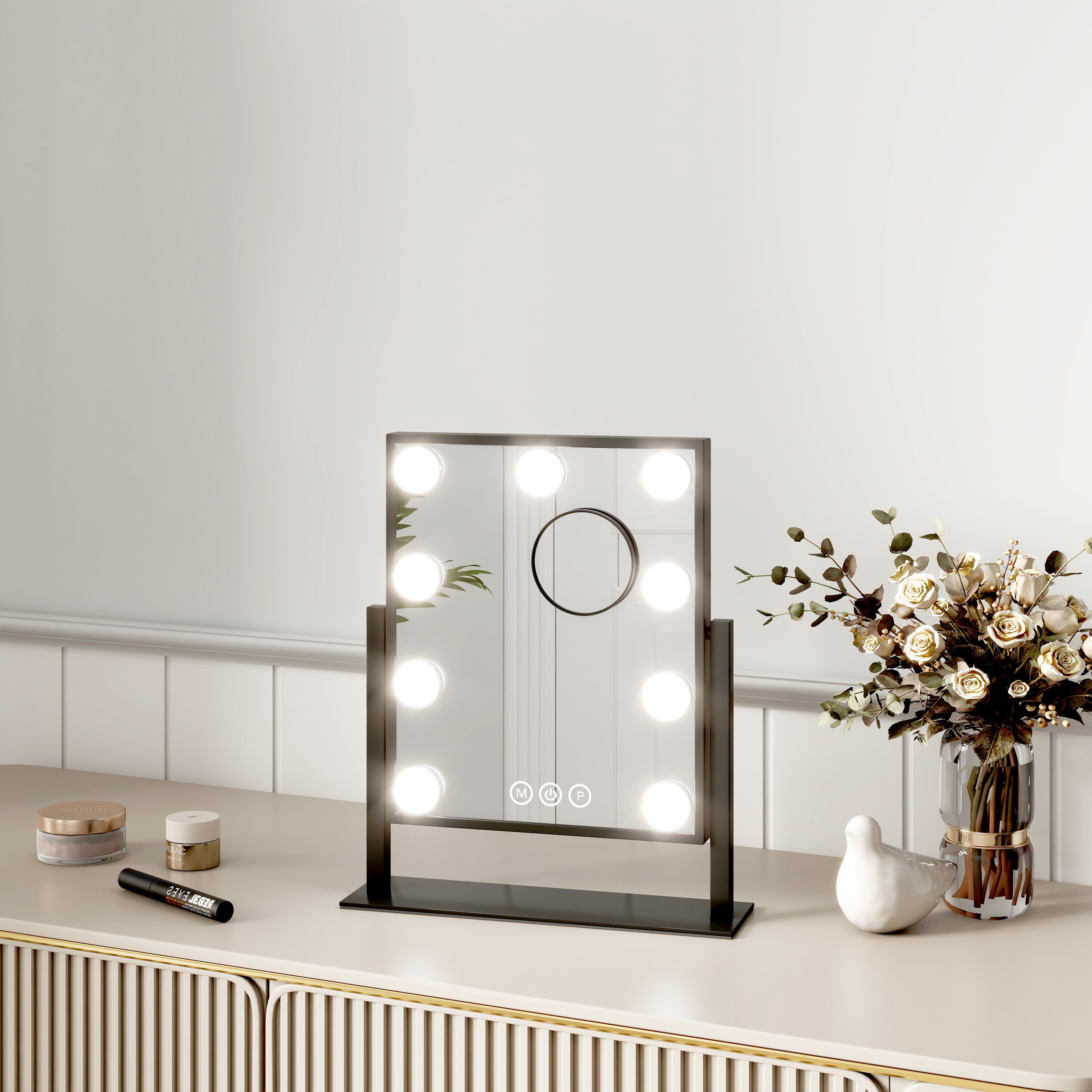 360° EMKE Dimmbaren Spiegel 7x Kosmetikspiegel Schminkspiegel LED-Leuchtmitteln Drehbar Lichtfarben mit 3 Hollywood Schwarz Vergrößerung Beleuchtung,