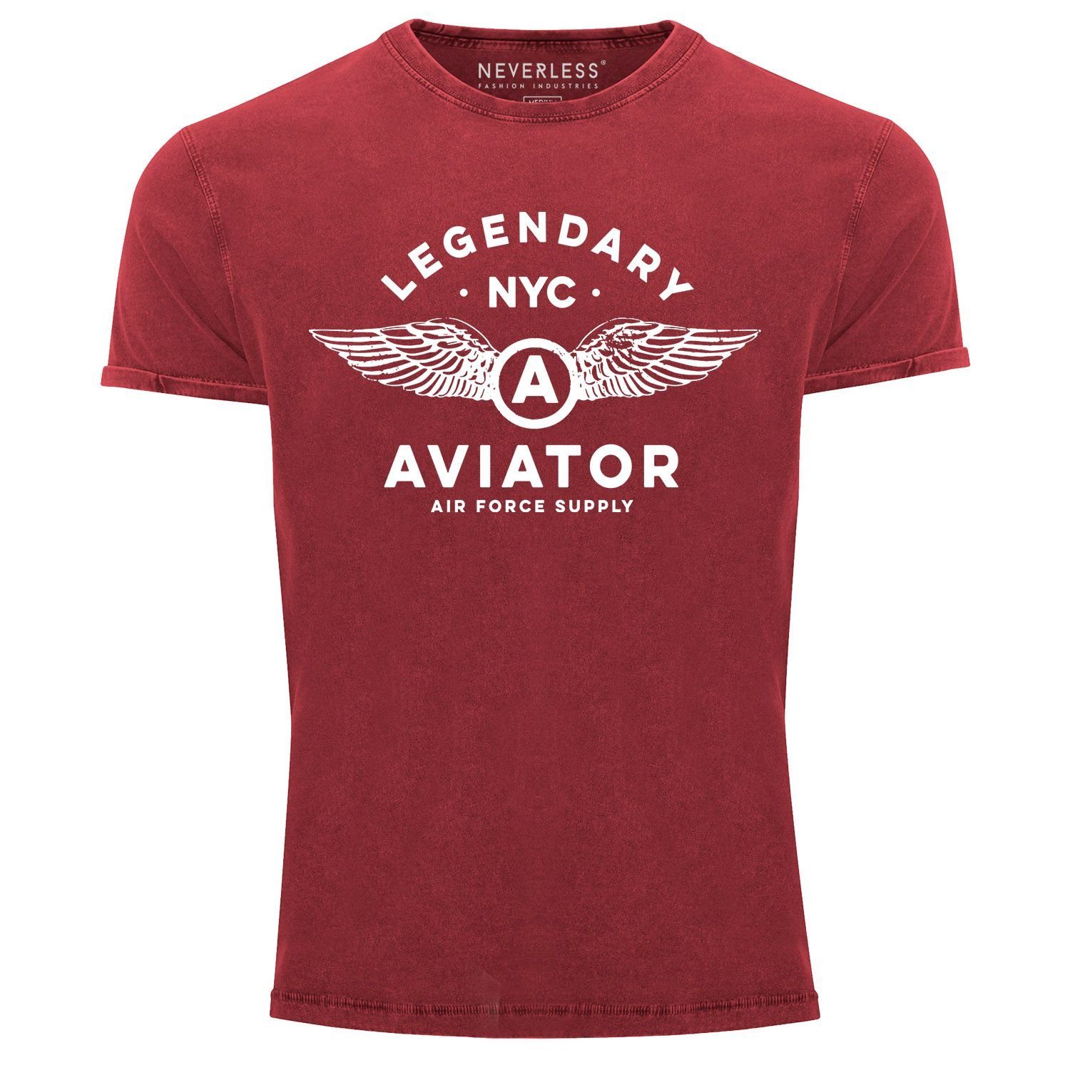 Neverless Print-Shirt Herren Vintage Shirt Legendary NYC Aviator Air Force Luftwaffe Flügel Printshirt Used Look Slim Fit Neverless® mit Print rot