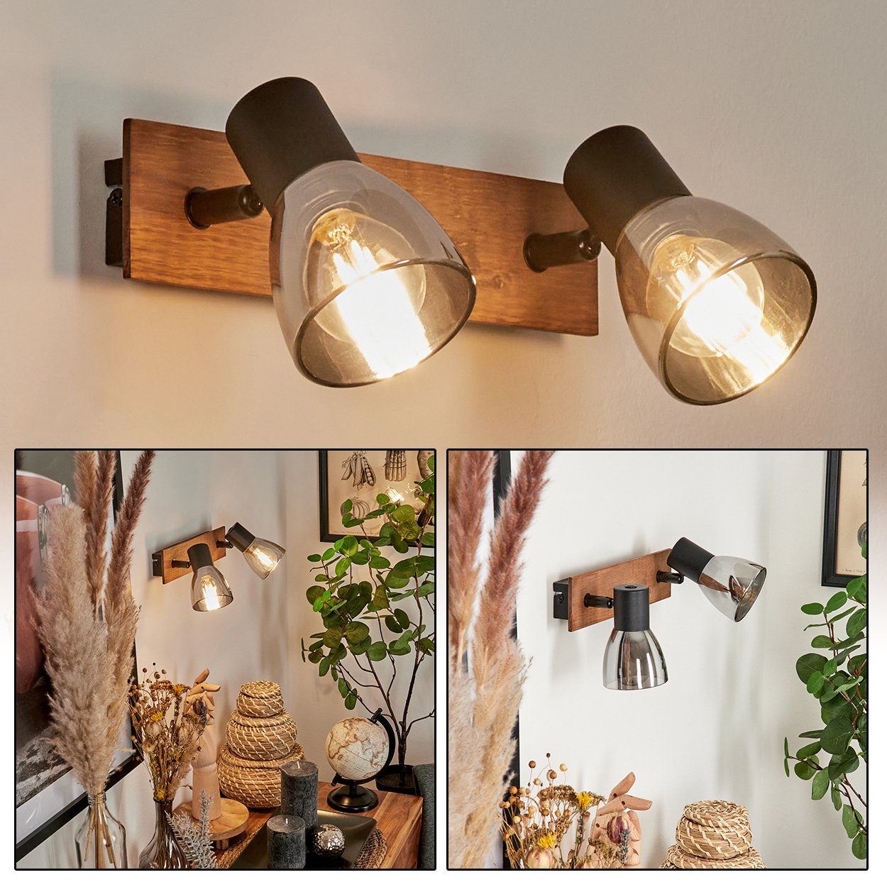 hofstein Wandleuchte »Buscoldo« Wandlampe aus Metall/Holz/Glas in Schwarz/Natur/Rauchfarben, ohne Leuchtmittel, Retro/Vintage Leuchte mit Schirmen aus Rauchglas (7cm), 2xE14