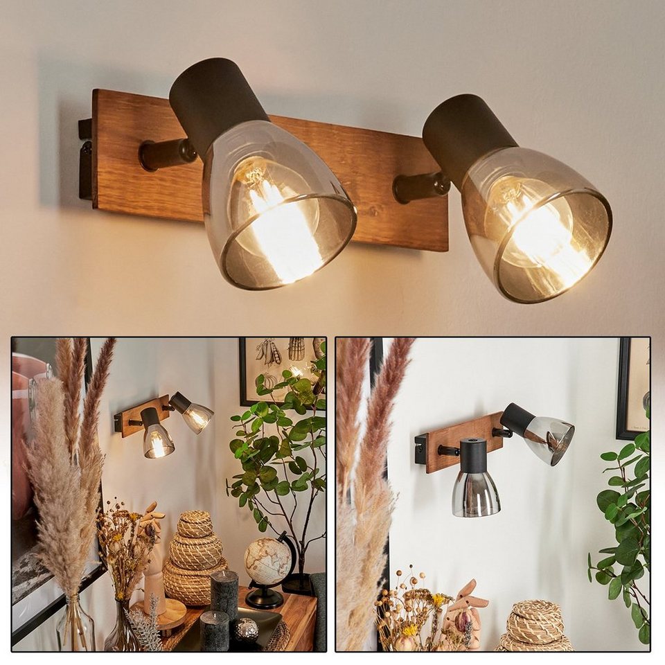 hofstein Wandleuchte »Buscoldo« Wandlampe aus Metall/Holz/Glas in  Schwarz/Natur/Rauchfarben, ohne Leuchtmittel, Retro/Vintage Leuchte mit  Schirmen aus Rauchglas (7cm), 2xE14