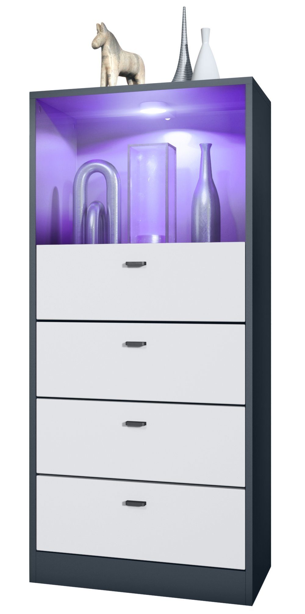 Vladon Kommode Pino V3 (Anrichte, mit 4 Schubladen & 1 offenem Fach mit Beleuchtung), Anthrazit matt/Weiß matt (56 x 125 x 36 cm)