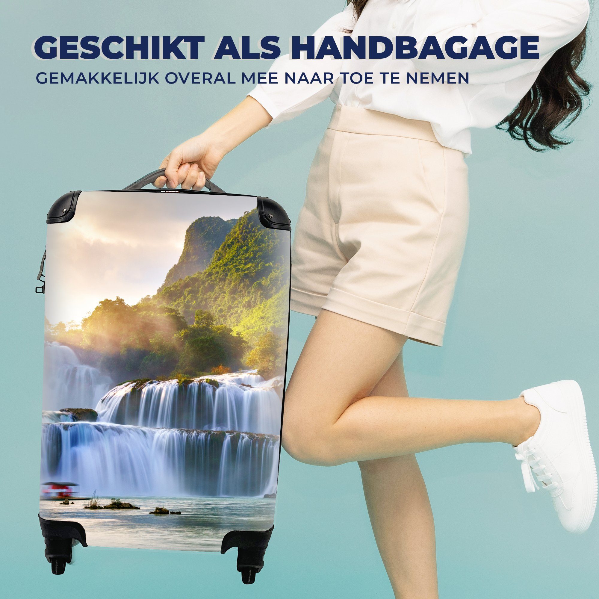 Natur, für Reisekoffer rollen, Rollen, Wasser Pflanzen MuchoWow Sonne Handgepäckkoffer Handgepäck - - mit - Trolley, Wasserfall Ferien, Reisetasche 4 -