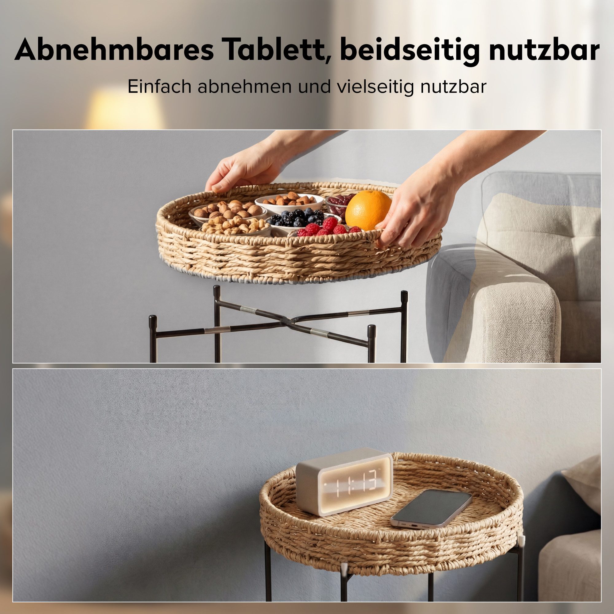 doporro Beistelltisch Couchtisch kleiner Tisch mit 1/2 geflochtenen Ablagen rund Reglo-08, Zwei Materialien zur Auswahl